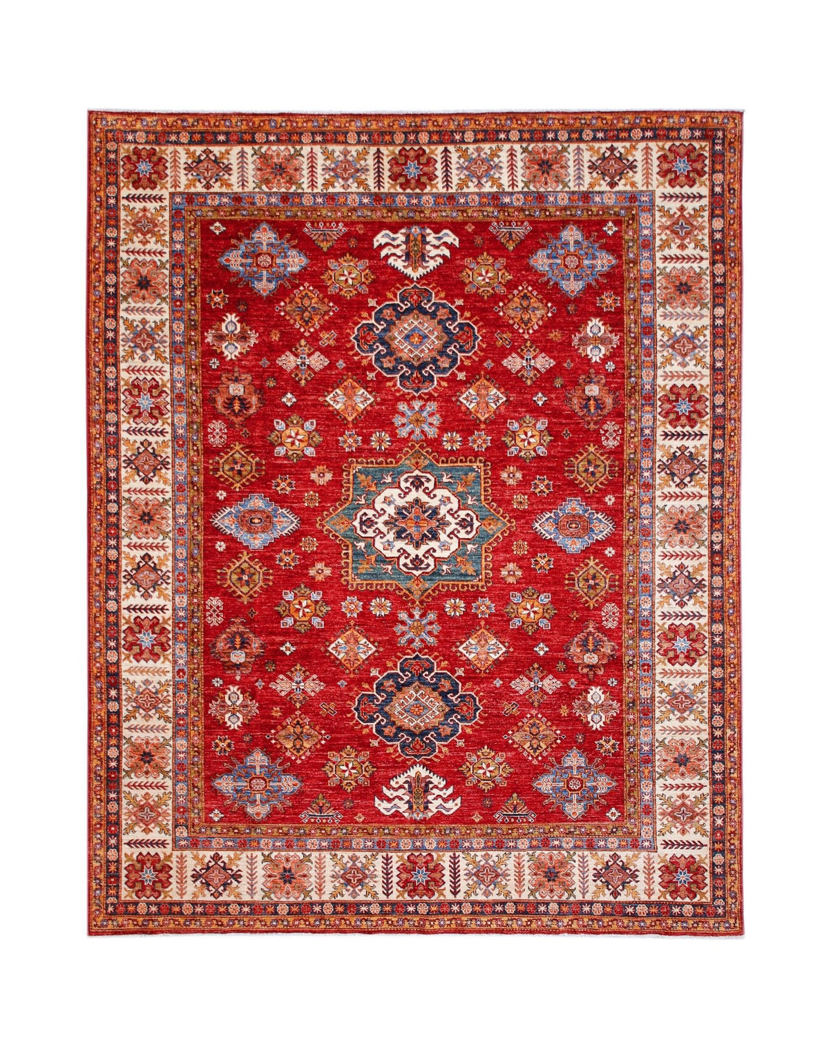 Hand-knotted Afghan Super Kazakh rug featuring a vibrant red field with intricate geometric medallions and tribal motifs.