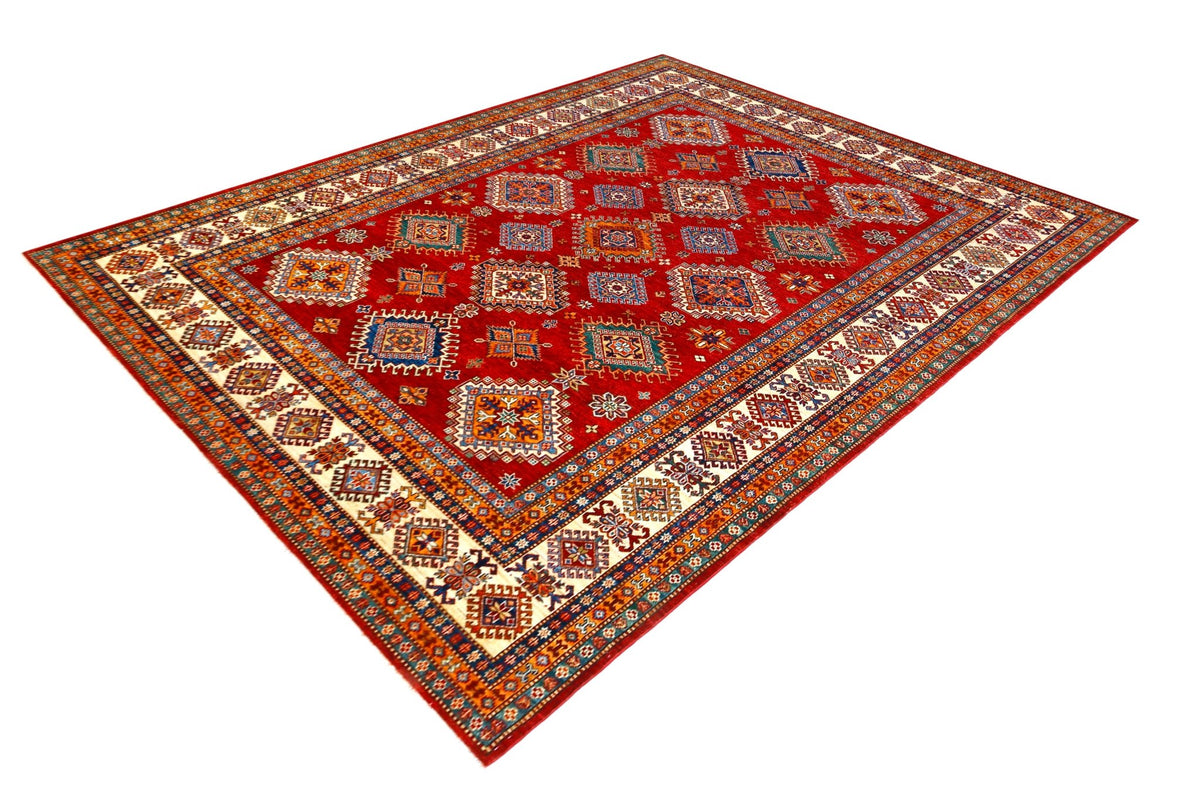 Hand-knotted Afghan Super Kazakh rug featuring a vibrant red field with geometric medallions and intricate tribal borders.