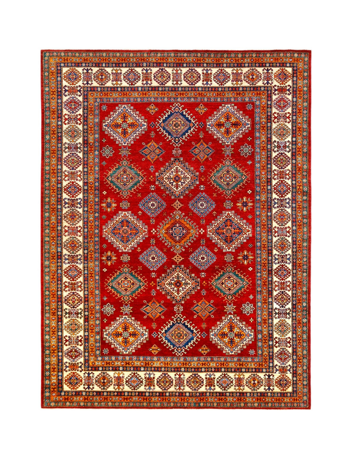 Hand-knotted Afghan Super Kazakh rug featuring a vibrant red field with intricate geometric medallions and tribal motifs.