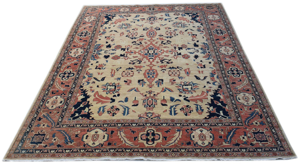 A handmade Afghan Super Kazakh rug featuring traditional geometric motifs in red, blue, and cream.