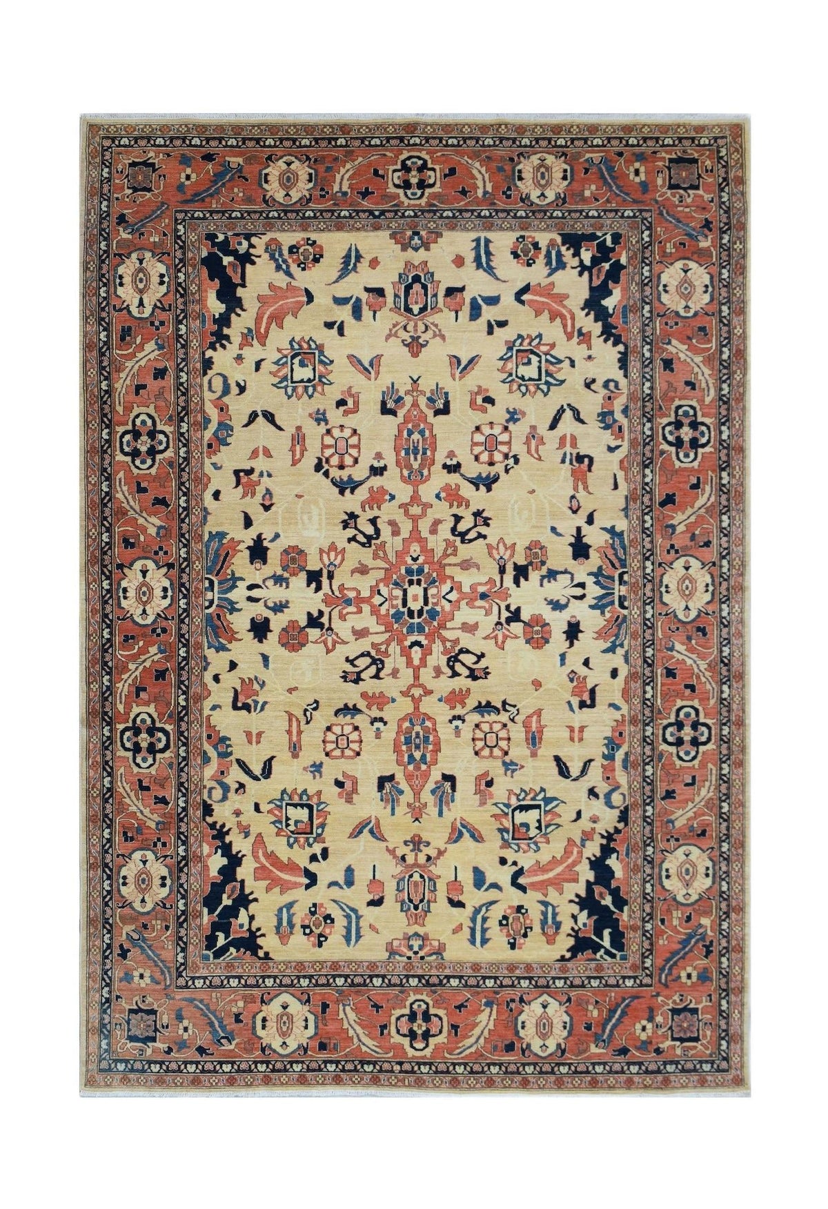 Handmade Afghan Super Kazakh rug featuring traditional geometric motifs in red, blue, and cream.