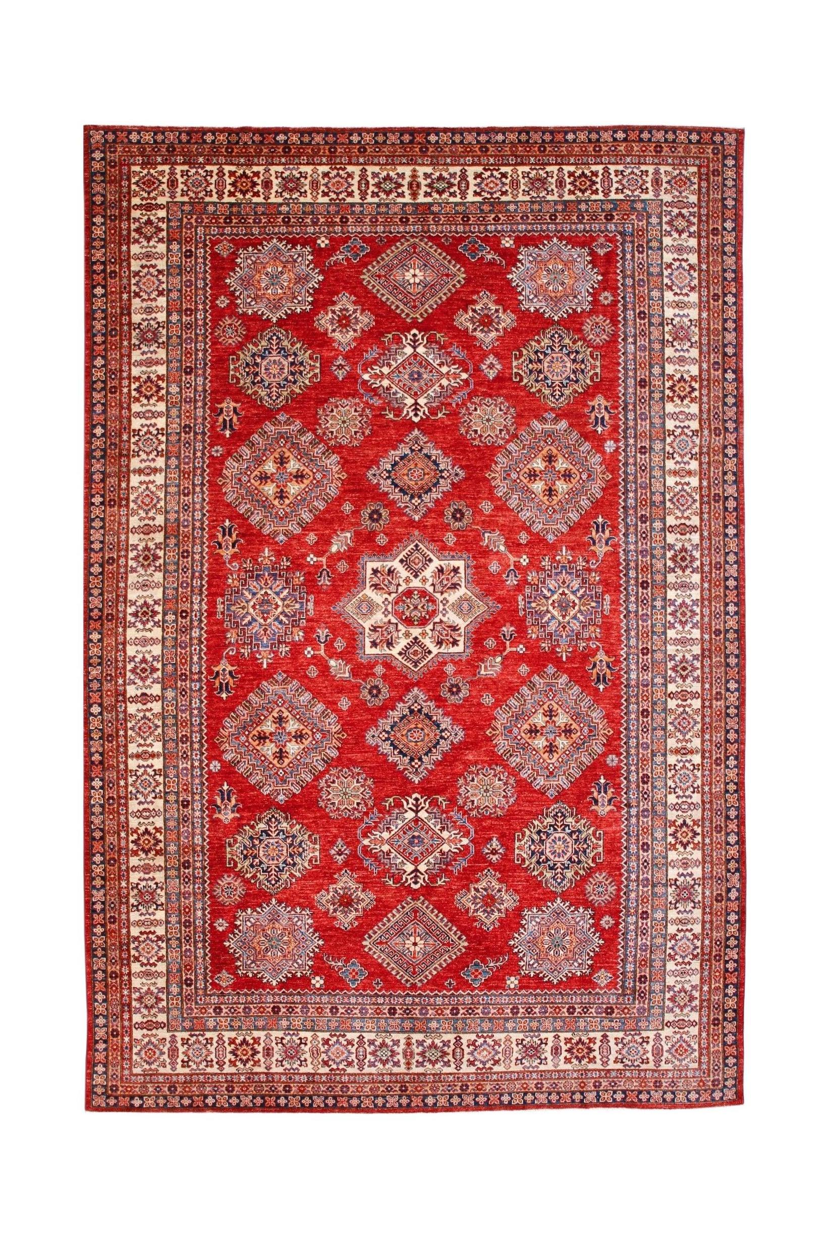 A rectangular Afghan Super Kazakh rug featuring traditional geometric motifs in red, blue, and cream.