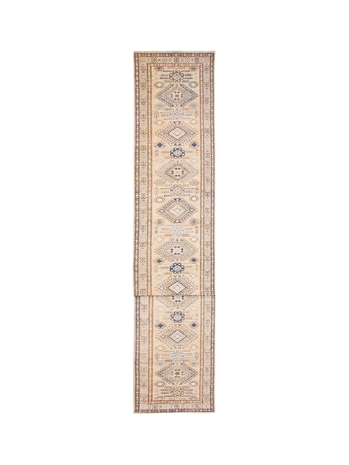 Hand-spun wool Afghan runner featuring blue and cream geometric medallions and intricate stepped borders.