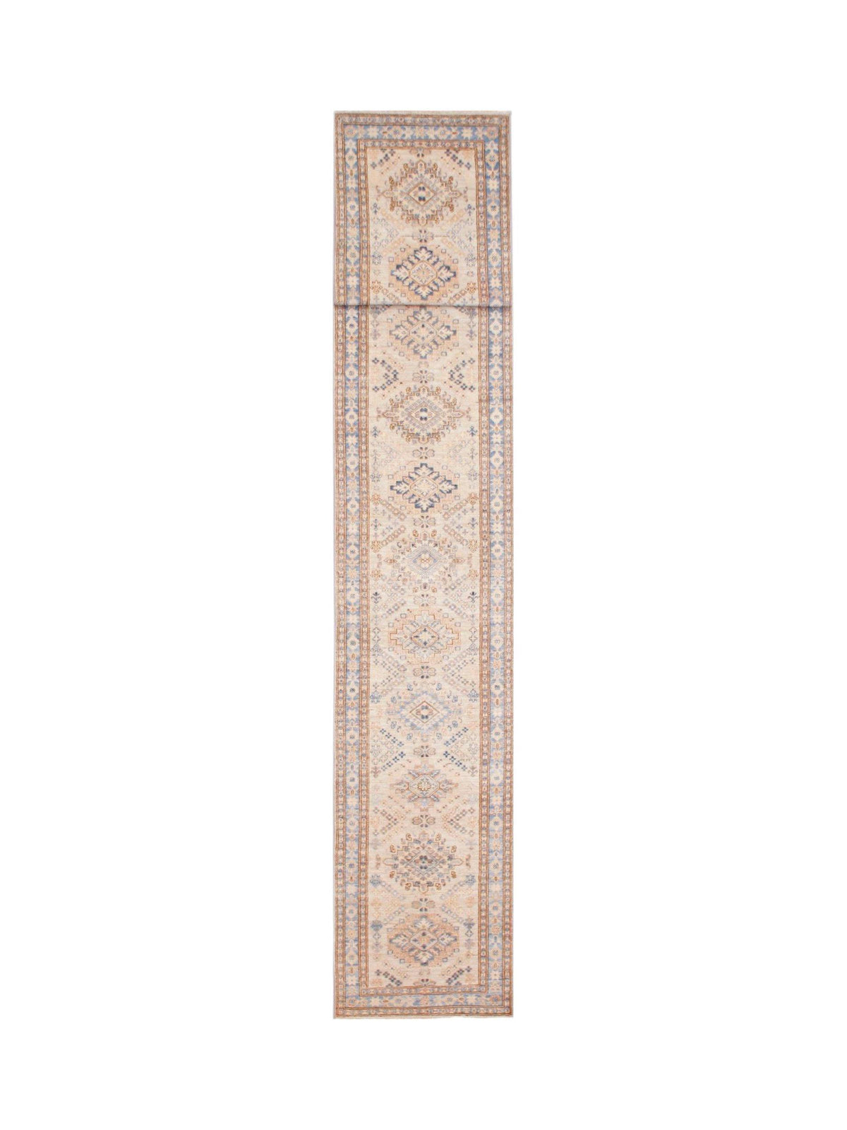 Afghan Super Kazakh runner in cream, blue, and terracotta with intricate geometric medallions and a detailed border.