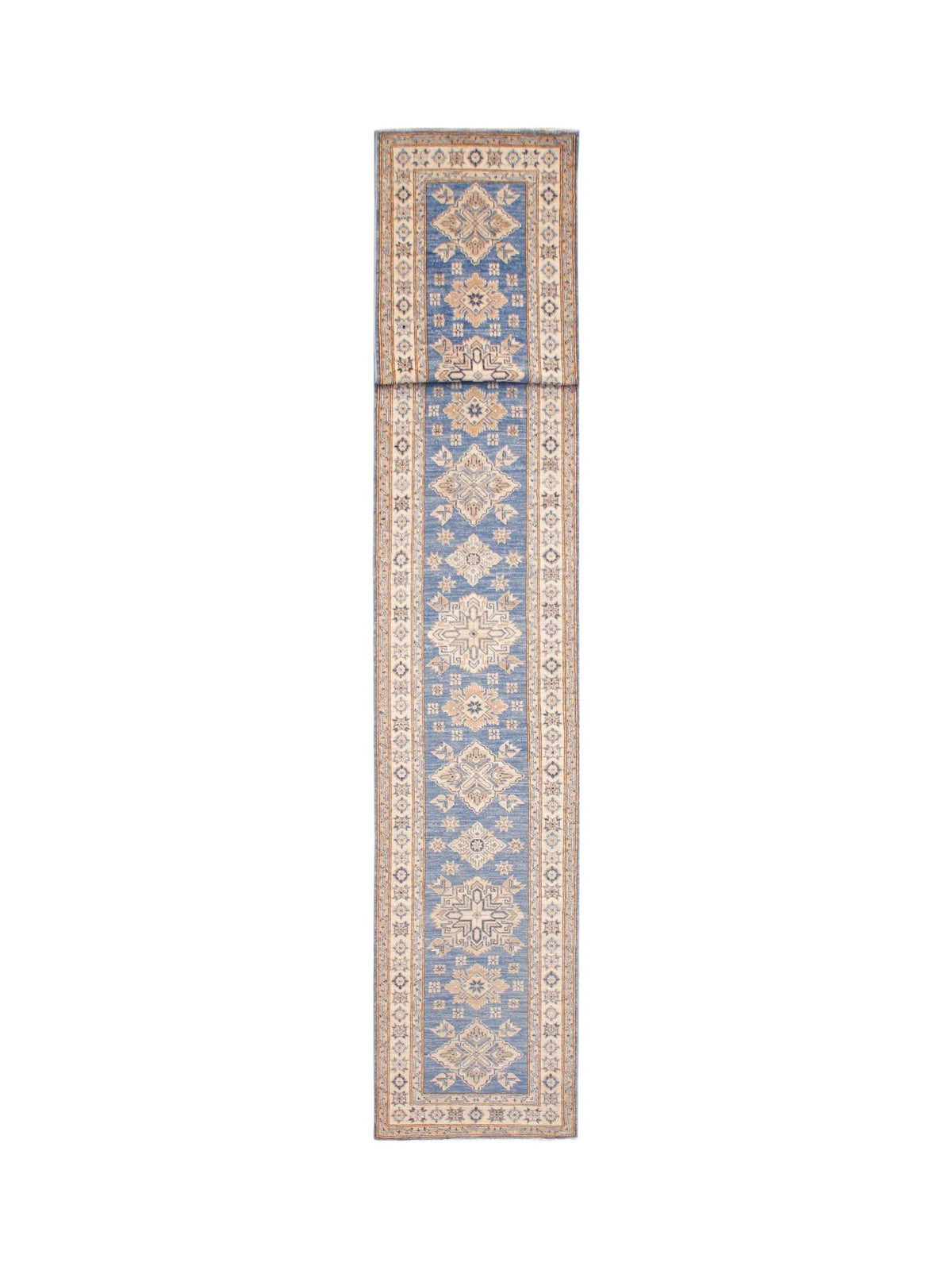 Afghan Super Kazakh runner in blue and beige with intricate stepped medallions and a detailed geometric border.