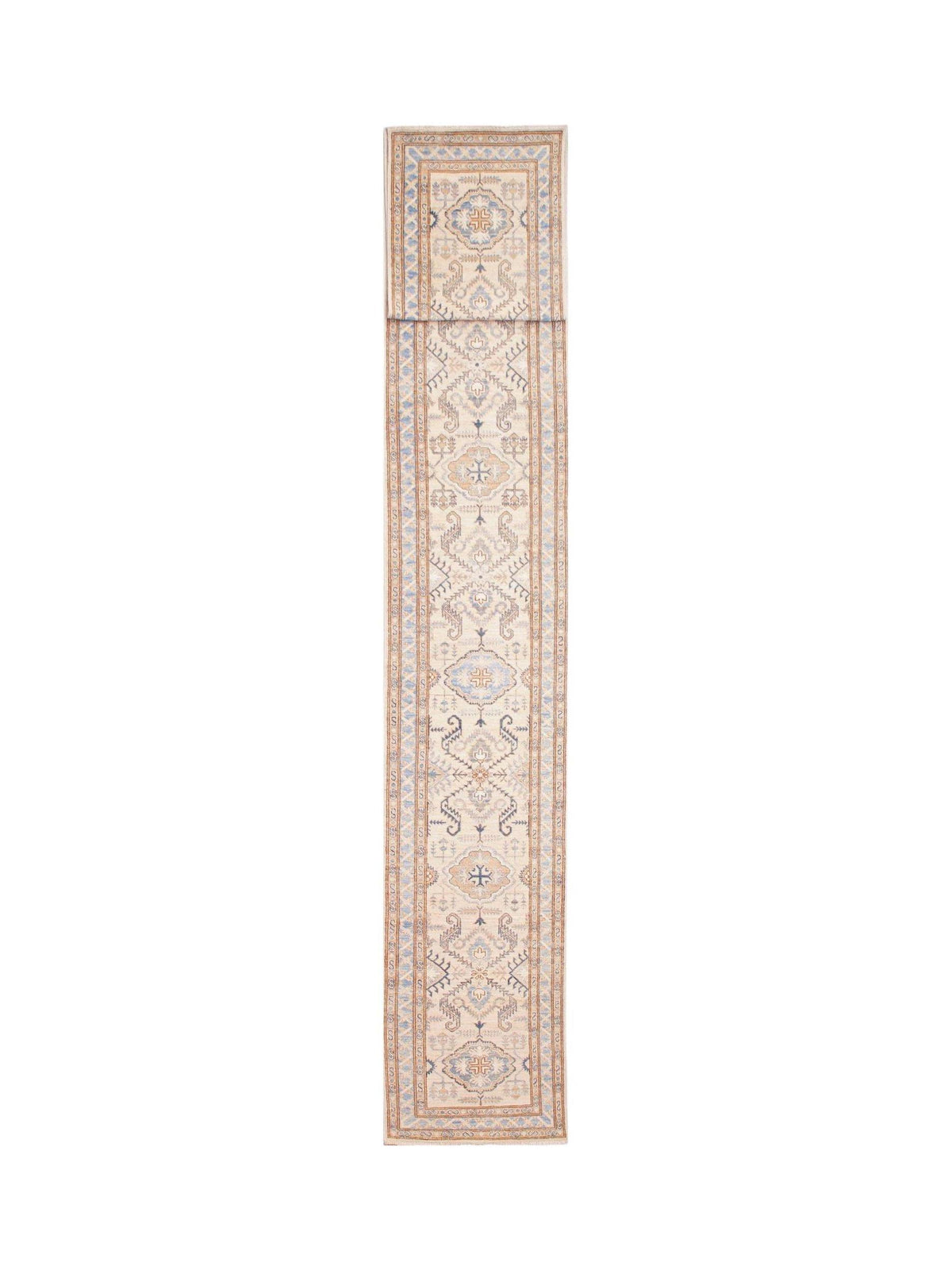 Hand-spun wool Afghan runner featuring repeating blue and beige Kazakh medallions on a cream field with intricate borders.