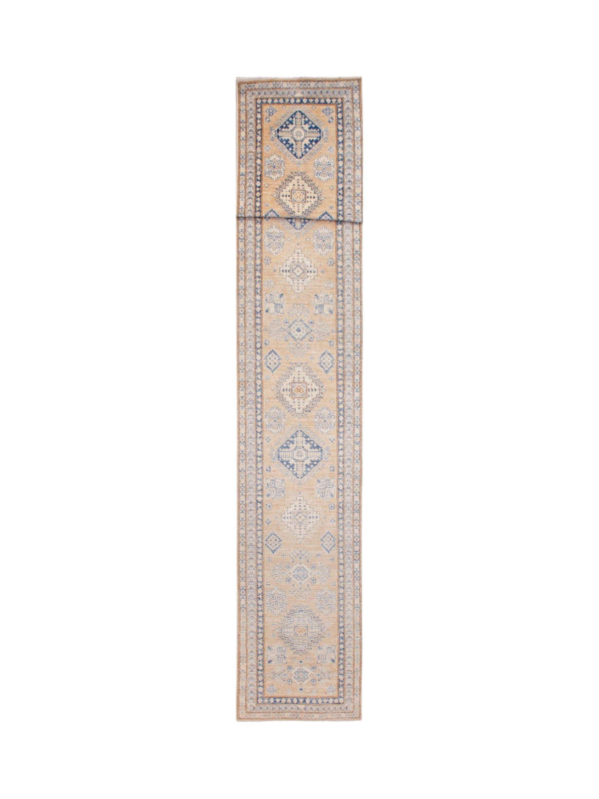 Afghan Super Kazakh runner featuring blue and cream geometric medallions on a tan field with a detailed stepped border.