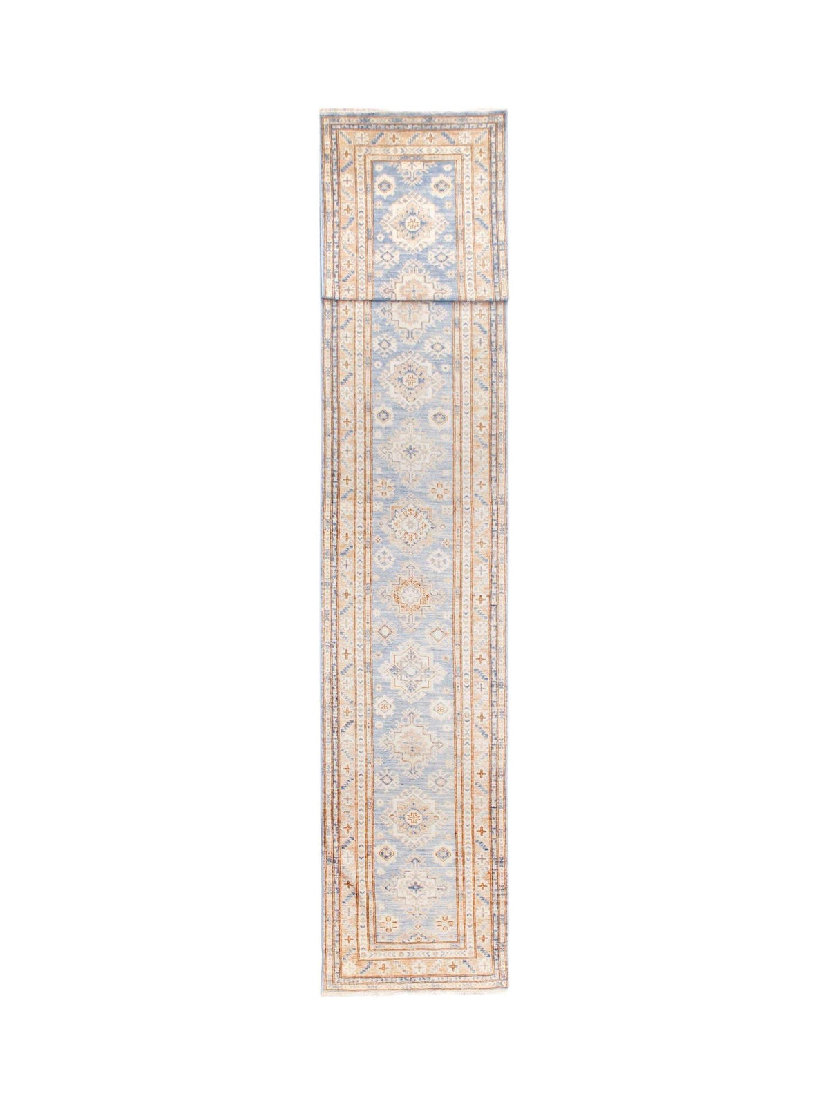 Afghan Super Kazakh runner in blue and cream with intricate geometric medallions and a detailed border.