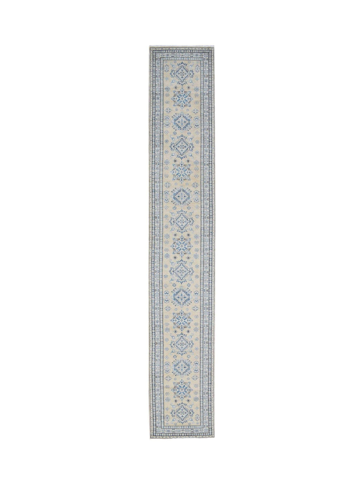 Afghan Super Kazakh runner in cream with intricate blue geometric medallions and a detailed stepped-edge border.
