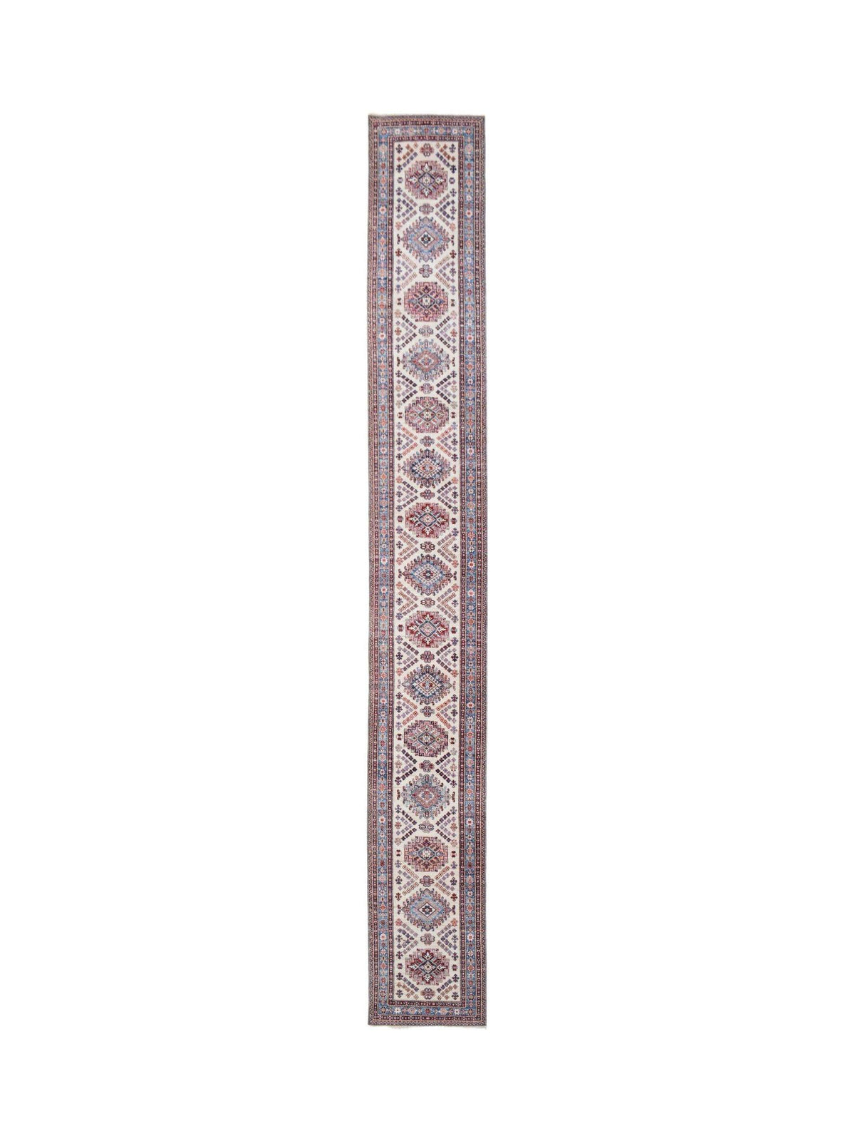 Afghan Super Kazakh runner featuring repeating red and blue geometric medallions on a cream wool field.