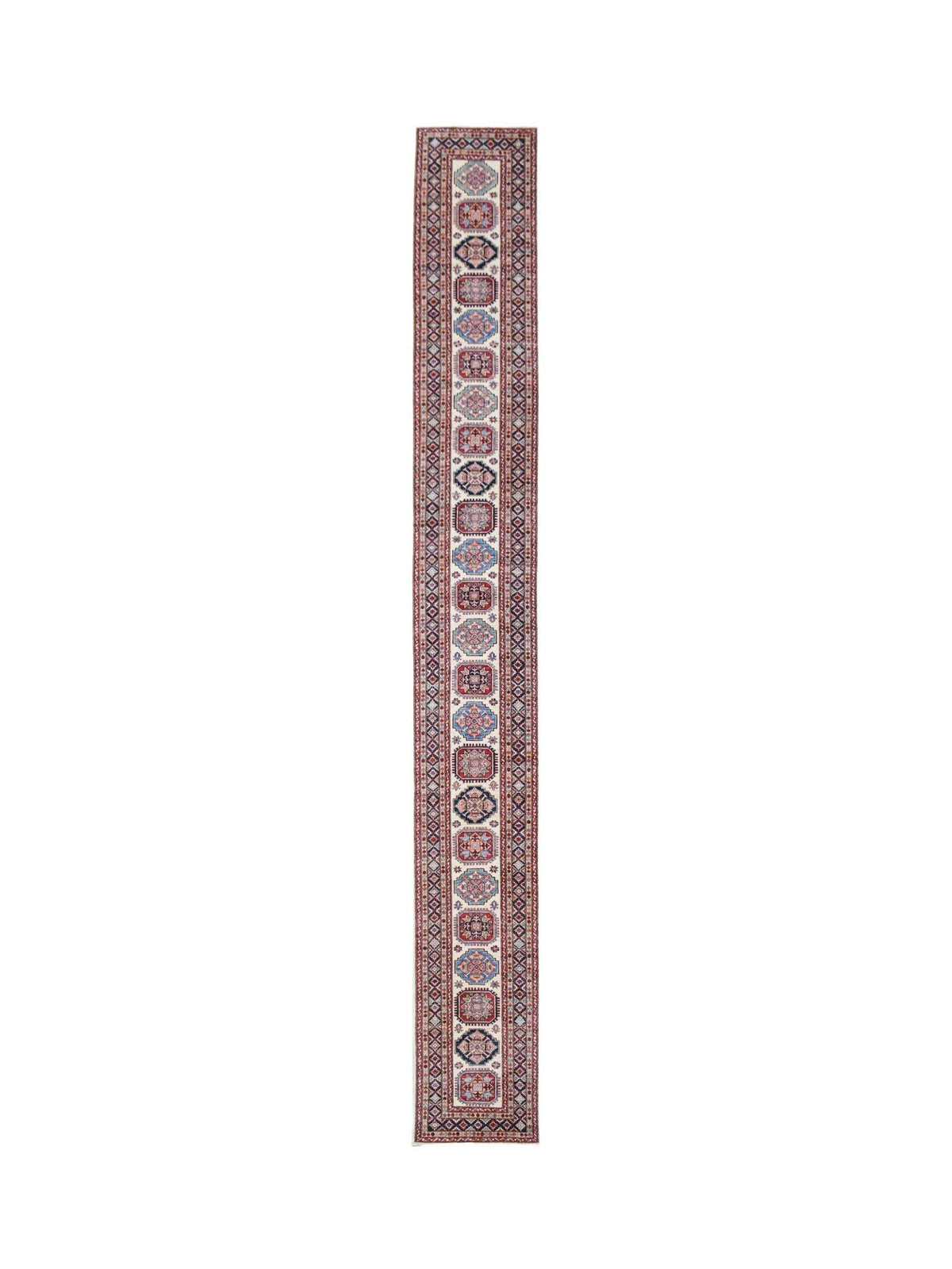 Hand-spun wool Afghan runner featuring repeating geometric medallions in red, blue, and cream with intricate stepped borders.