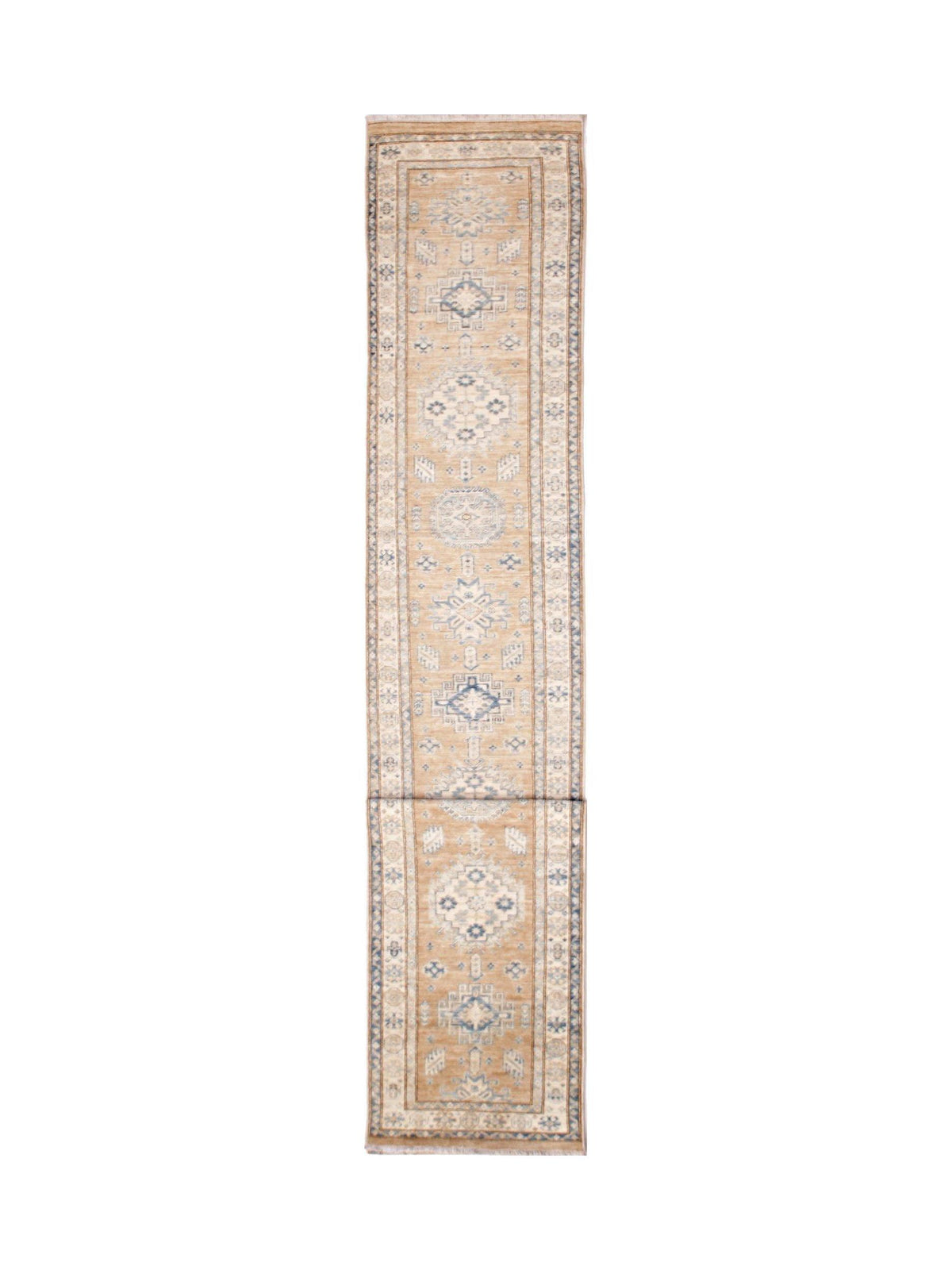 Afghan Super Kazakh runner in tan with blue geometric medallions, stepped edges, and intricate borders.