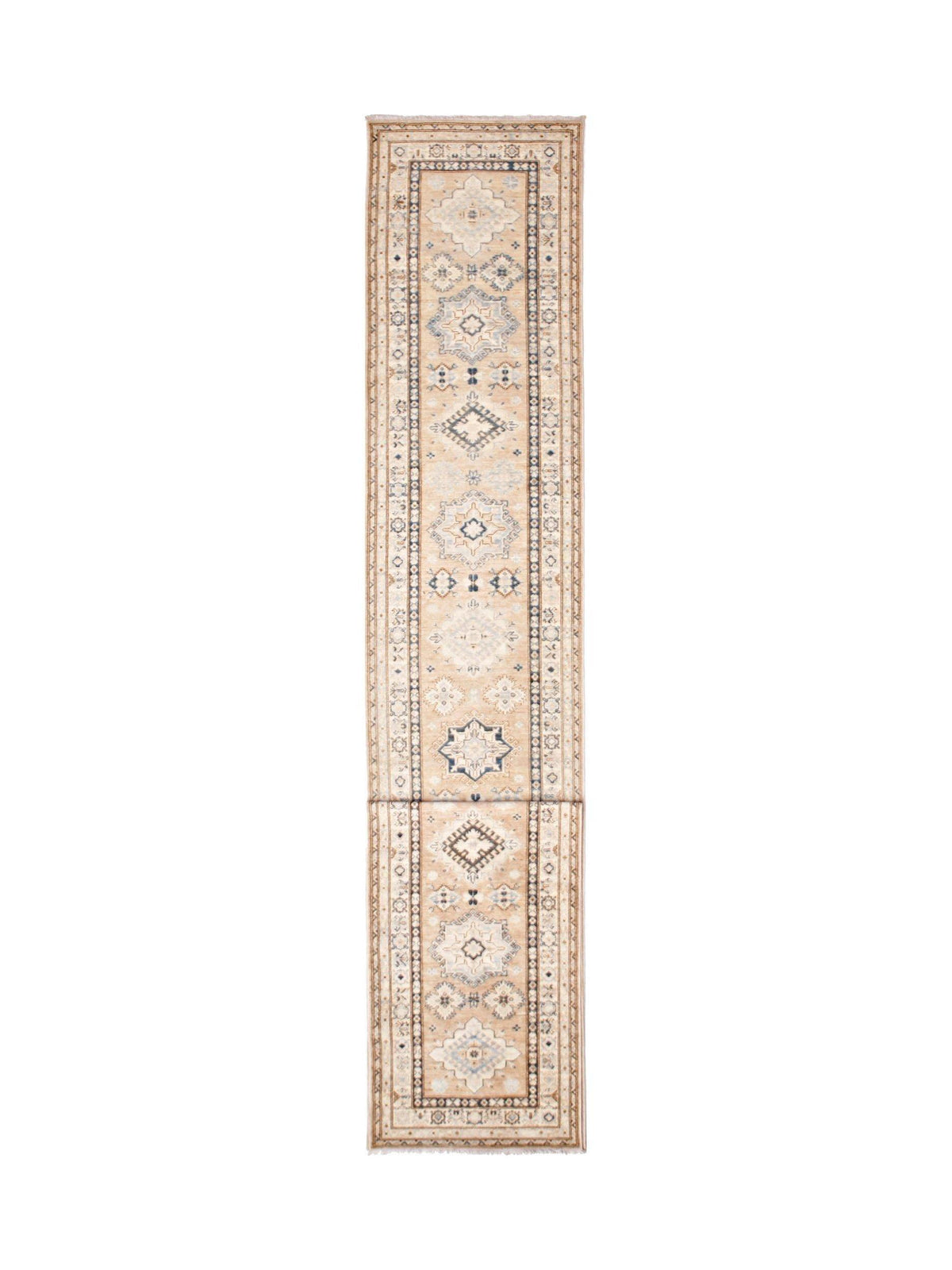 Hand-spun wool Afghan runner with beige field, blue and cream geometric medallions, and detailed stepped borders.