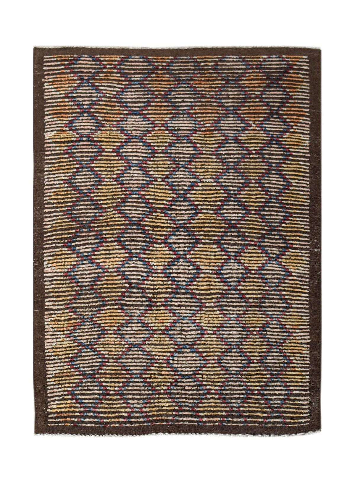 An Afghan Yekta rug featuring a geometric pattern of horizontal lines in earthy tones.