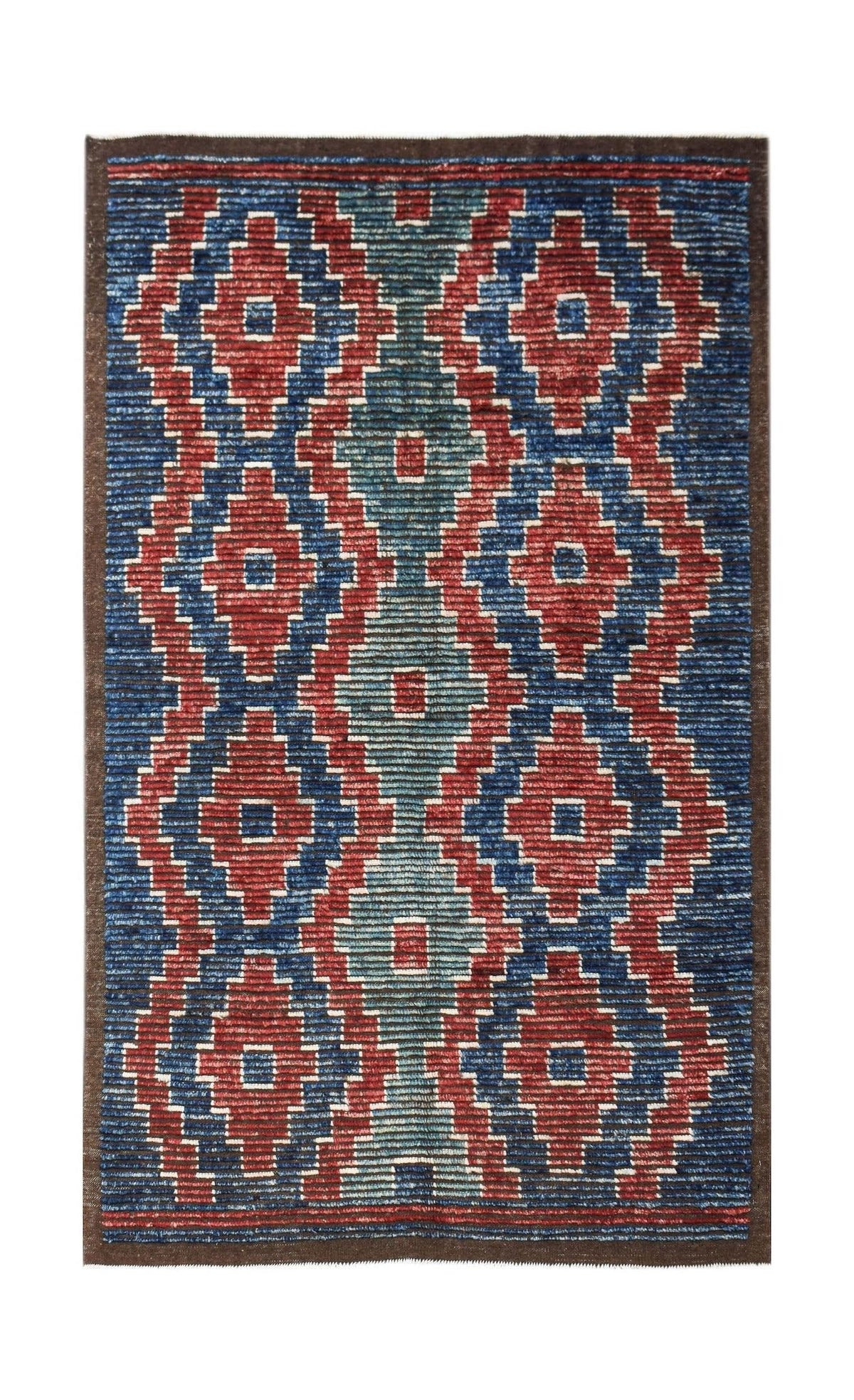 Hand-knotted Afghan Yekta rug with a geometric red, blue, and teal pattern featuring raised pile on a flatweave base.