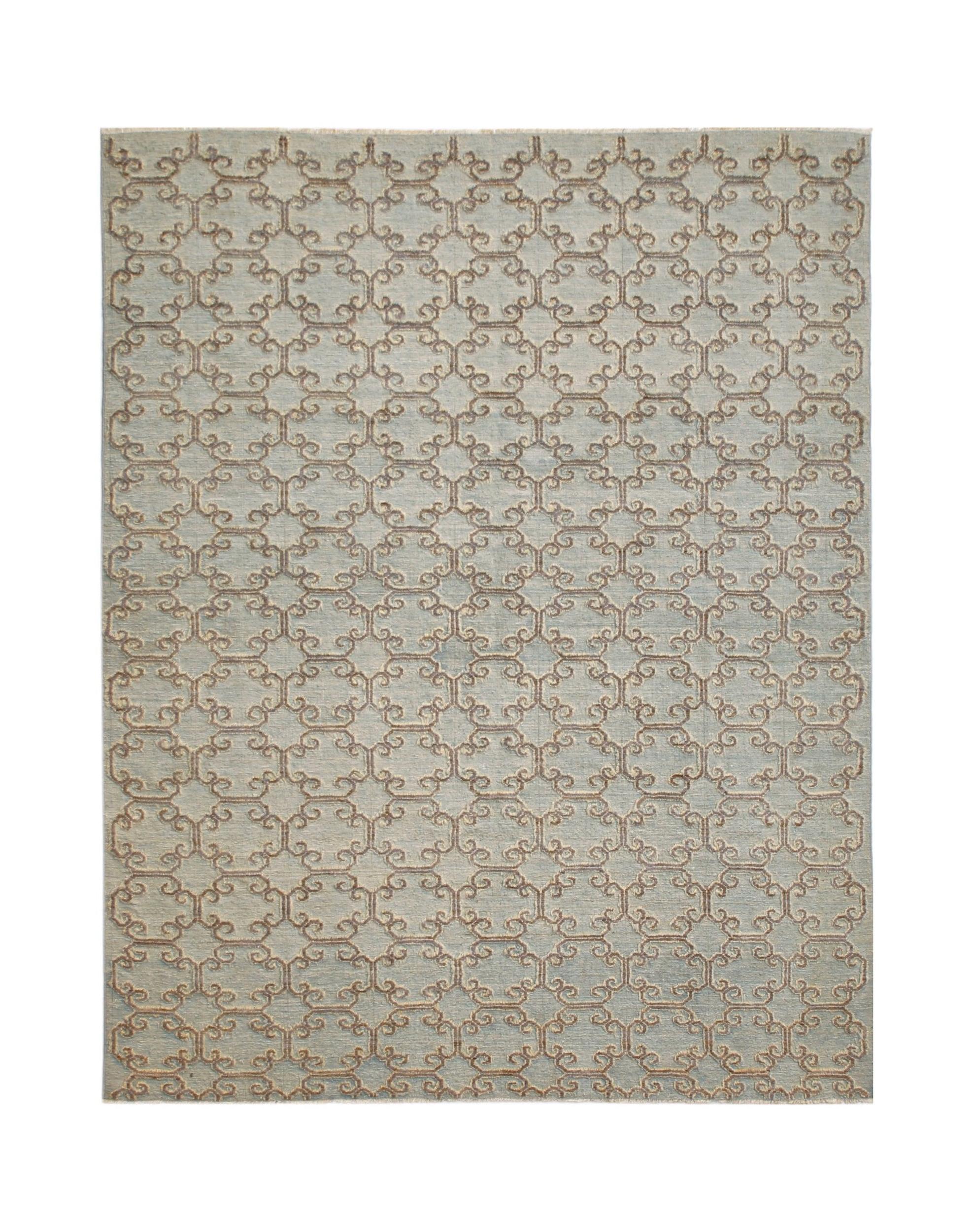 An Afghan Yekta rug featuring a repeating brown scroll pattern on a light blue wool background.