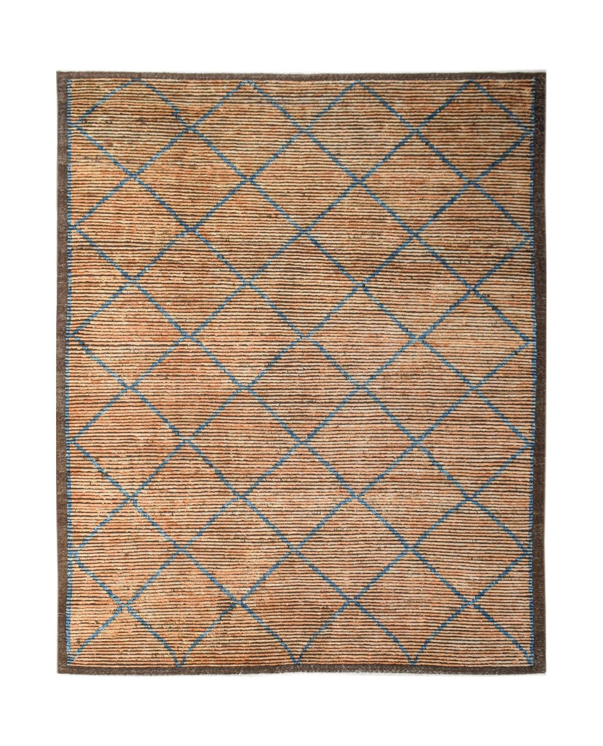 Hand-spun wool Afghan Yekta rug featuring a tan flatweave base with a raised blue diamond-patterned knotted pile.