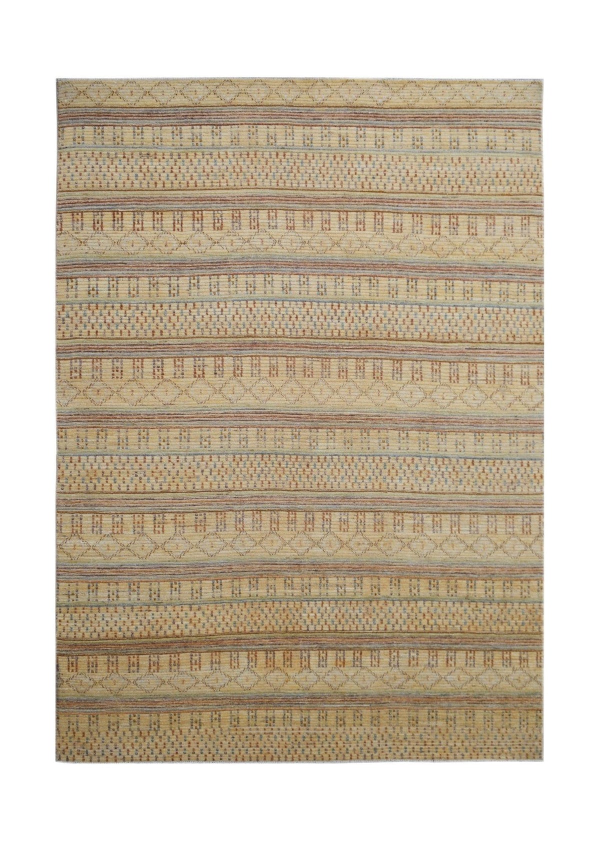 Handmade Afghan Yekta rug featuring horizontal bands of geometric patterns in earthy tones.