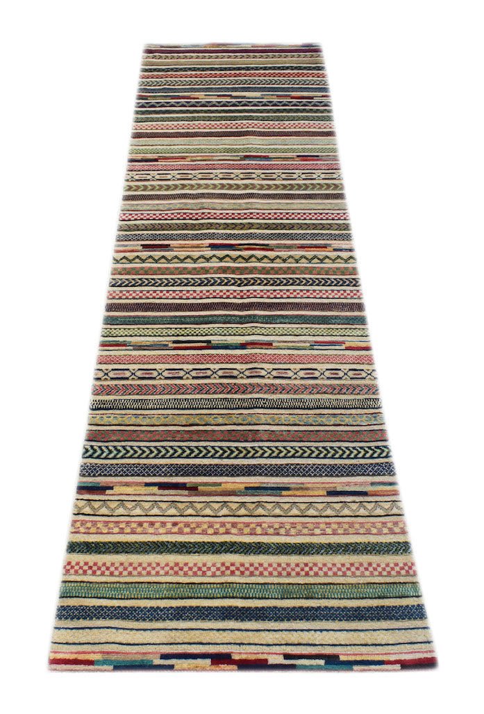 Handmade Afghan Yekta runner rug featuring a colorful pattern of horizontal geometric stripes.