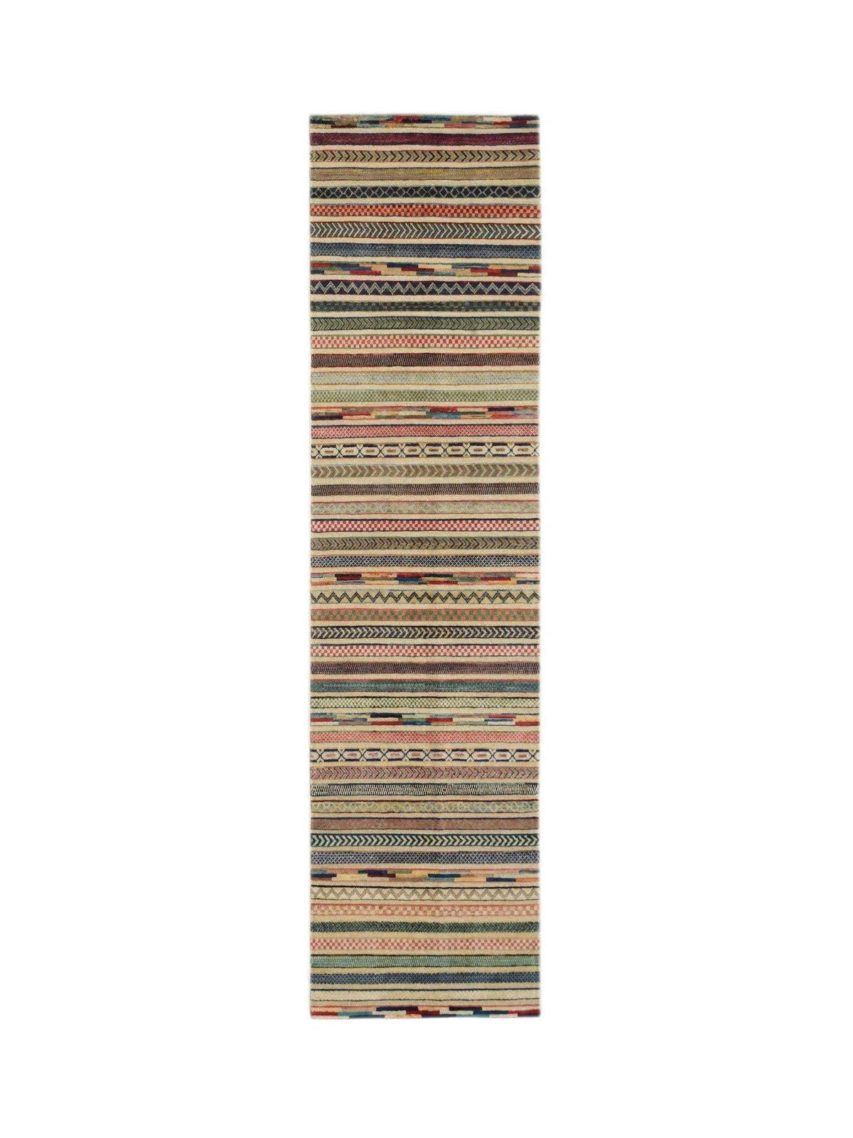 An Afghan Yekta runner rug featuring a multi-colored, striped pattern with varied woven textures.