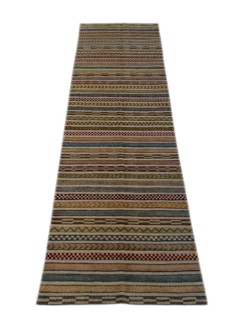 Handmade Afghan Yekta runner rug featuring a multi-colored striped pattern with geometric motifs.