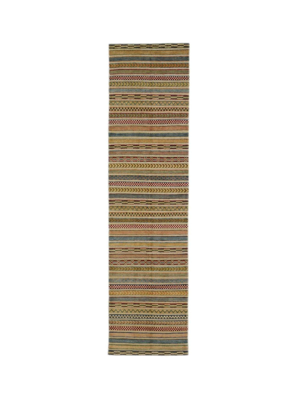 A handmade Afghan runner rug featuring a repeating pattern of colorful horizontal striped bands.