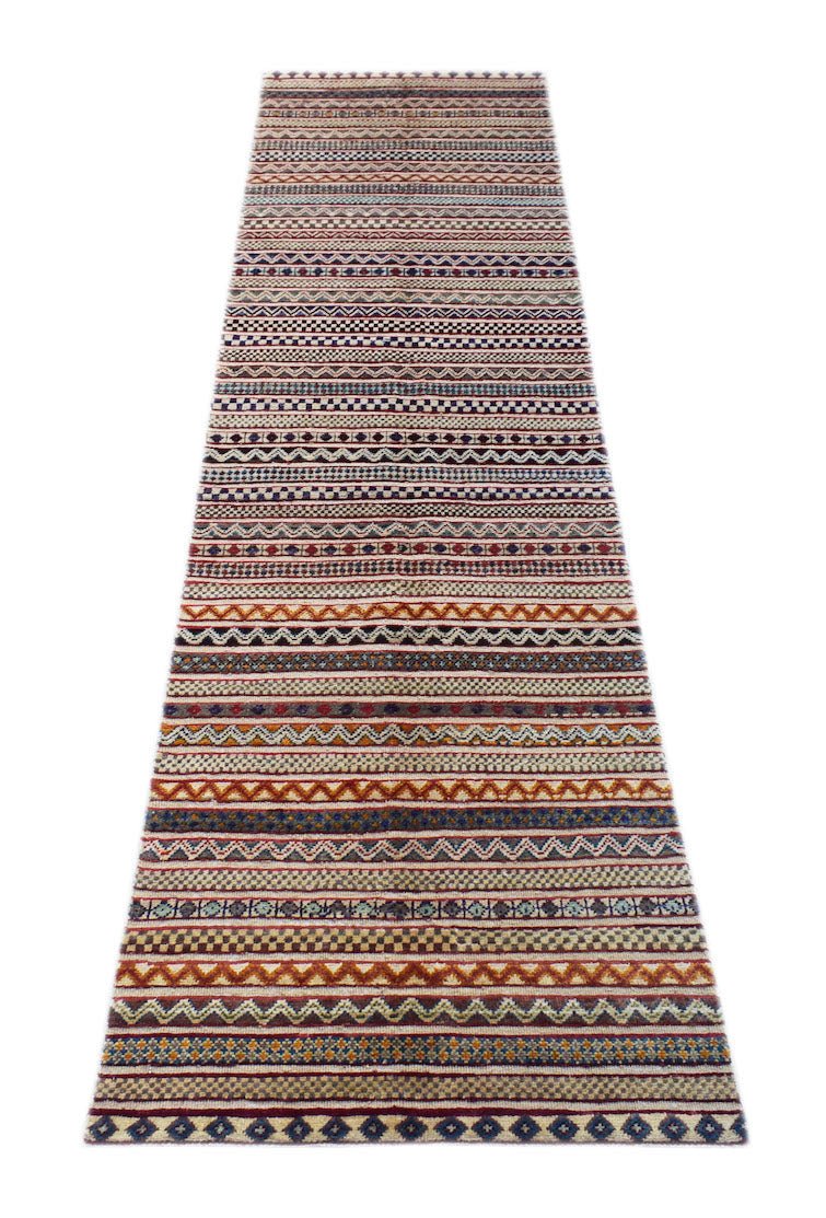 An Afghan Yekta runner rug featuring a vibrant, multi-colored geometric pattern on wool.