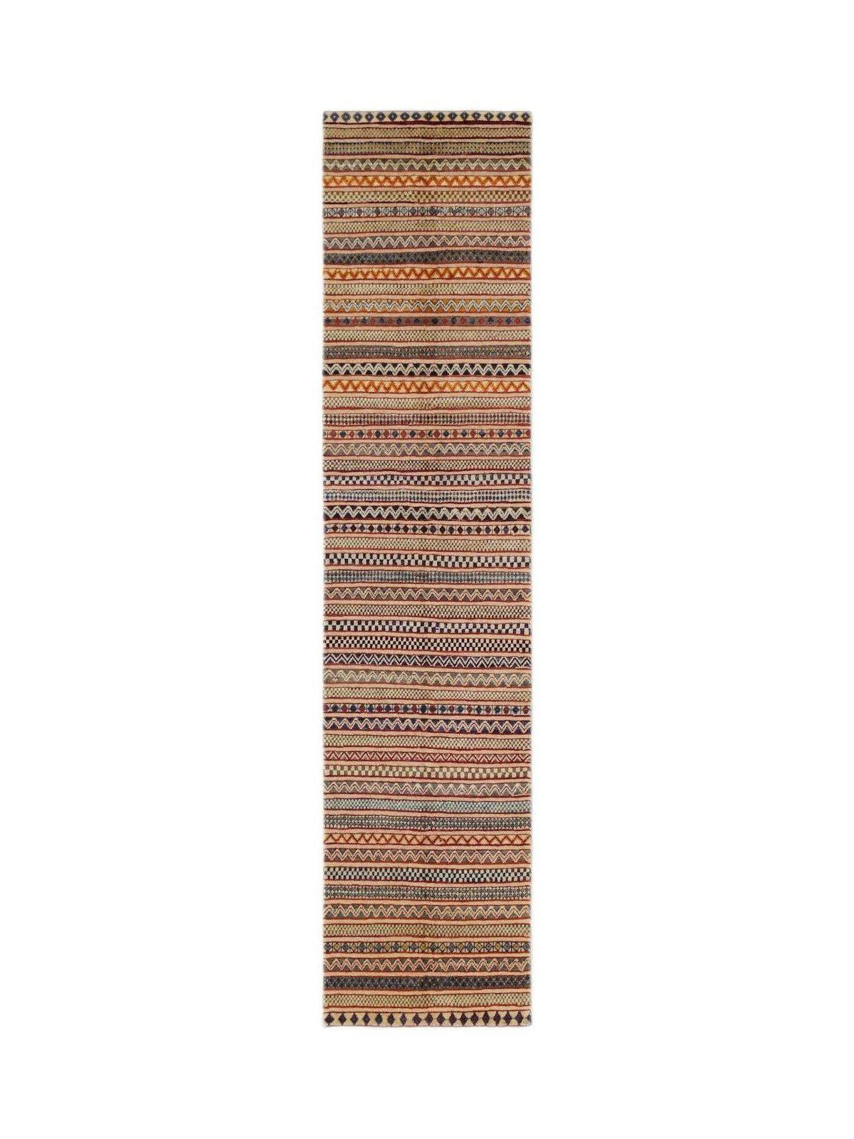 An Afghan Yekta runner rug featuring a repeating pattern of colorful, textured horizontal stripes.
