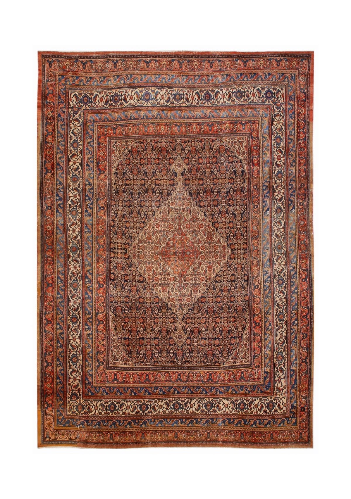Antique Persian Senneh rug featuring a central cream medallion on a dark field with intricate Herati patterns and borders.