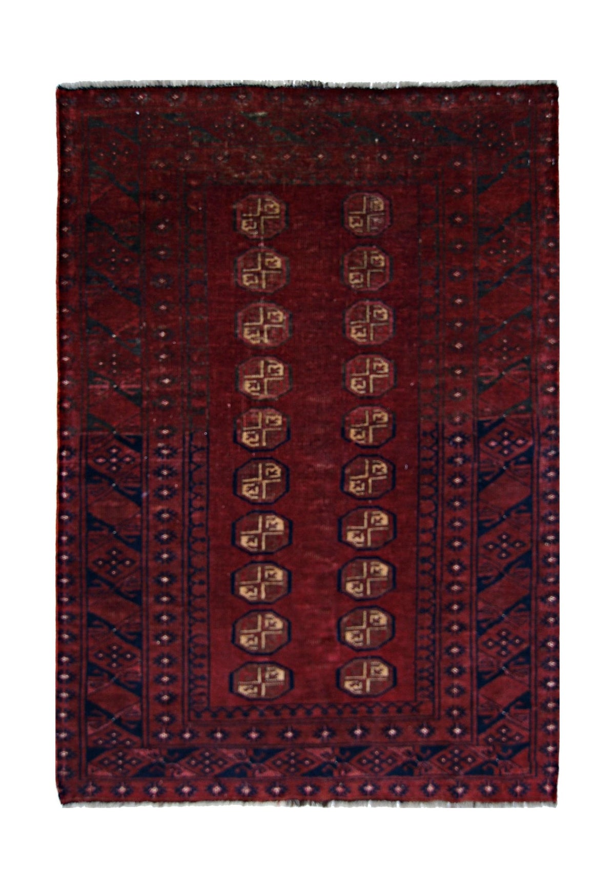 Antique Turkmen Mauri rug featuring deep red tones, fine geometric octagonal gul motifs, and a dark decorative border.