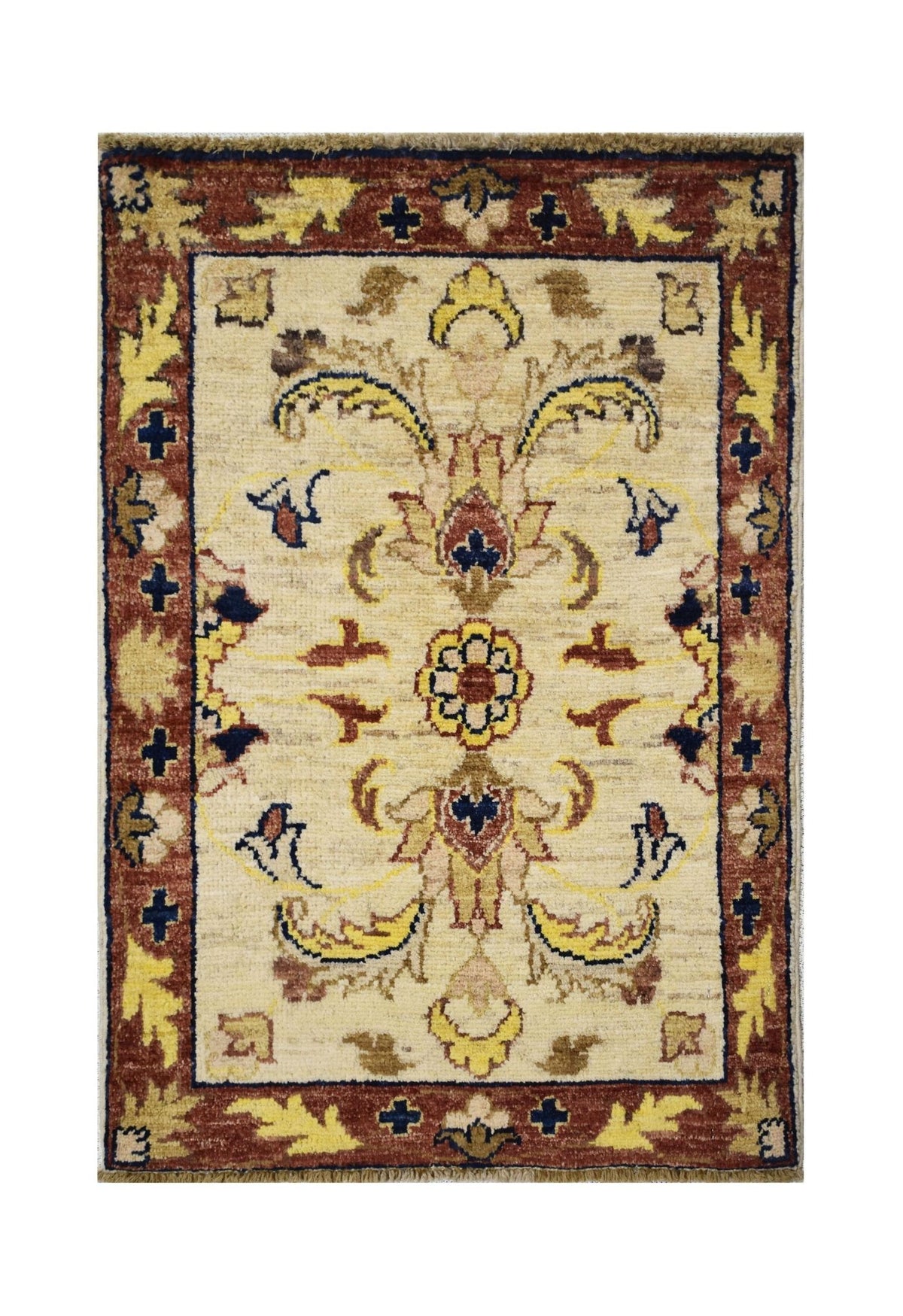Hand-knotted Afghan Chobi rug with a cream field, floral motifs in red, yellow, and blue, and a detailed border with fringe.