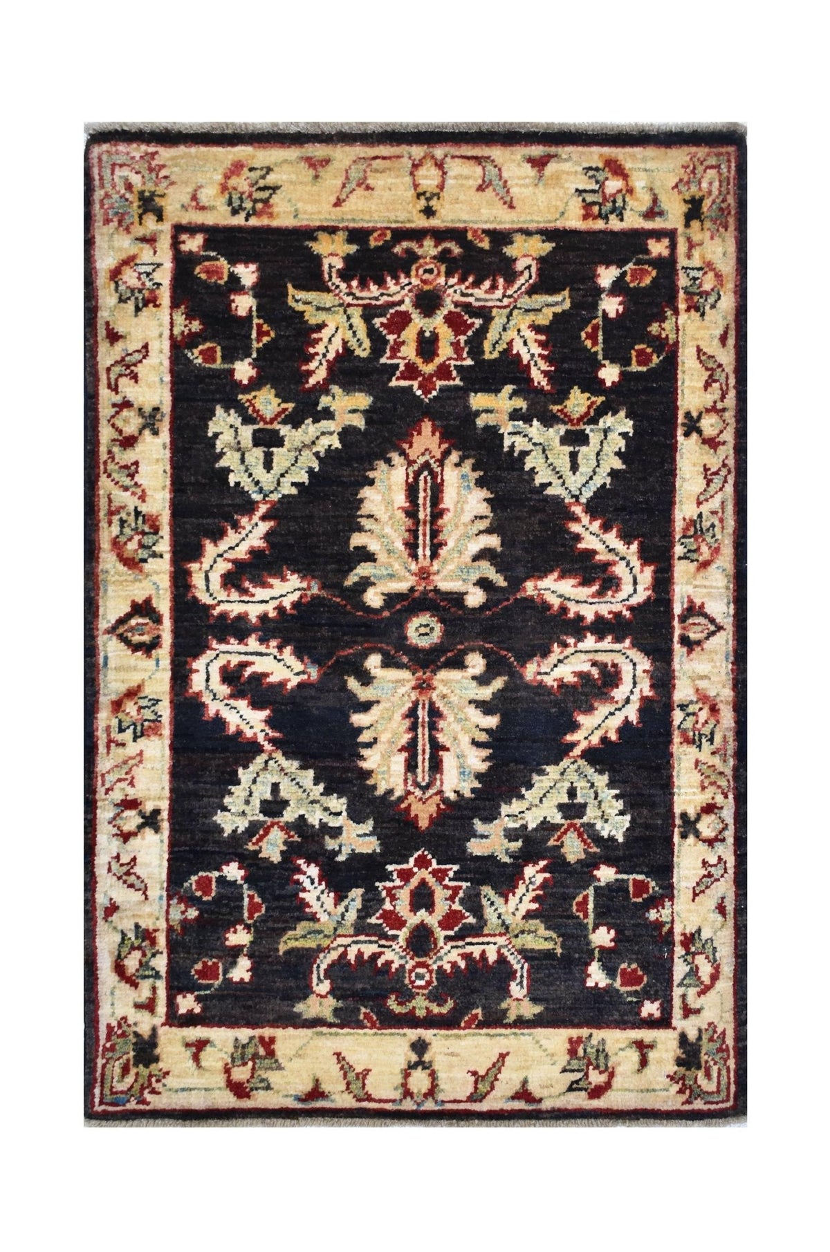 Mini Afghan Chobi rug with a dark field, intricate floral motifs in red and cream, and a detailed decorative border.