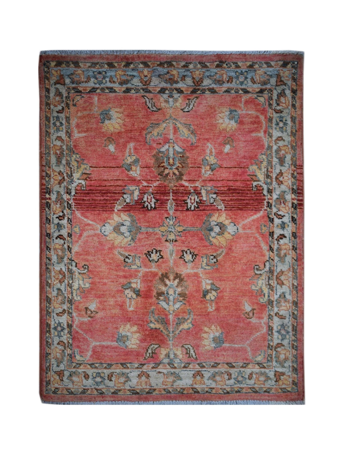Hand-knotted miniature Afghan Chobi rug in terracotta red with intricate floral motifs and a fine grey border.