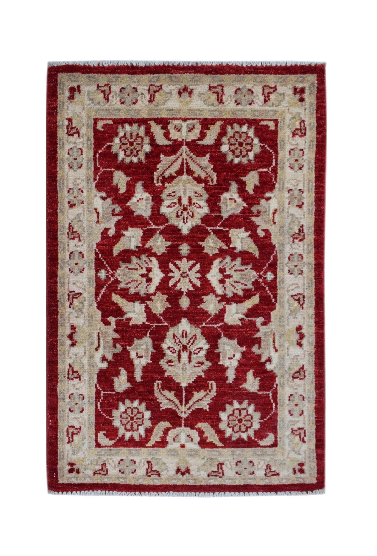 Hand-knotted mini Afghan Chobi rug in deep red and cream with intricate floral motifs and a fine wool pile.