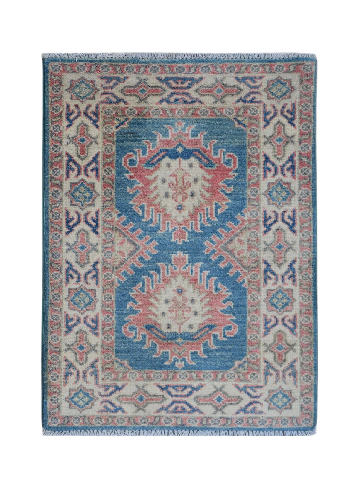 Hand-knotted mini Afghan Kazakh rug featuring blue, pink, and cream geometric medallions with a fringed edge.