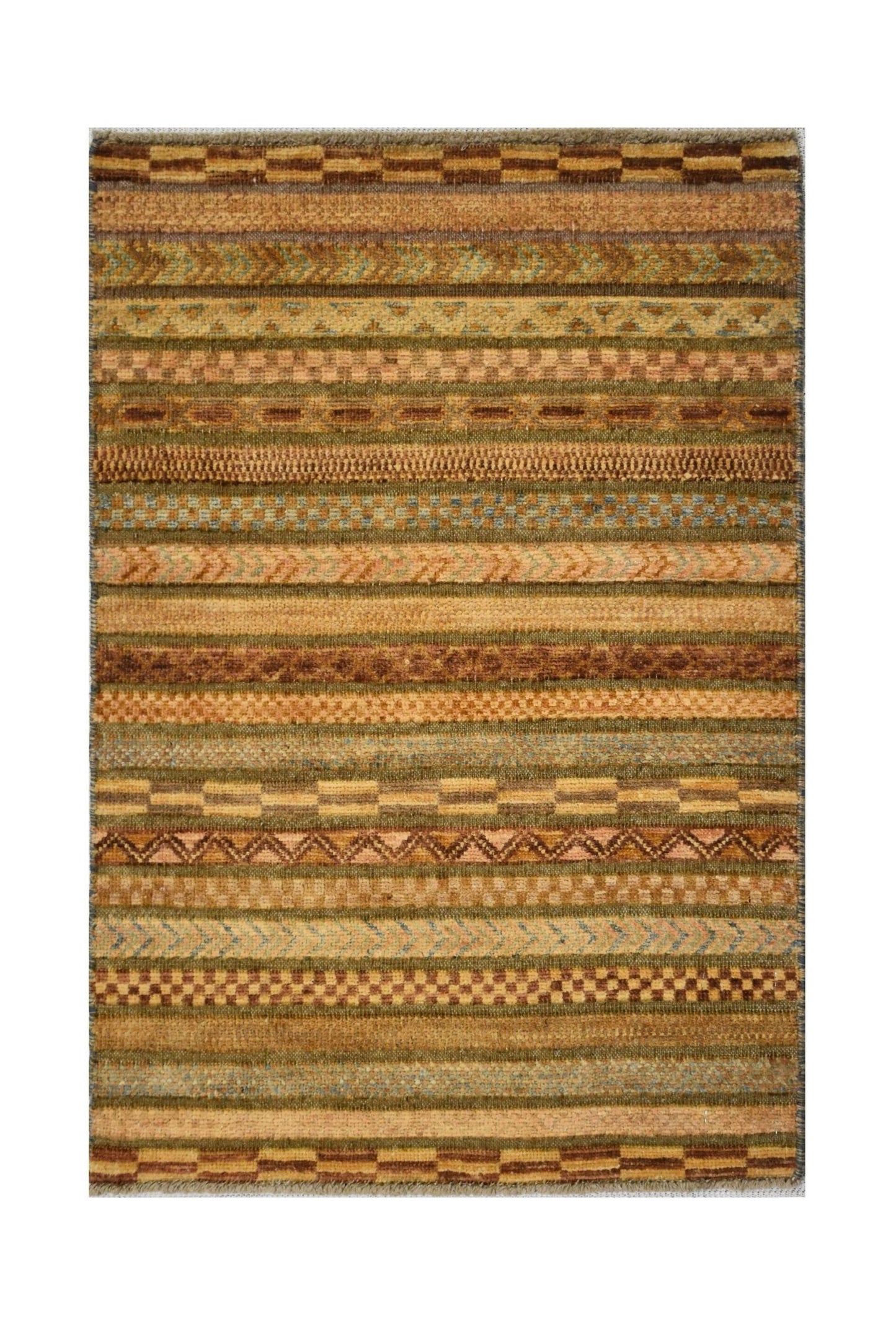Handmade Afghan wool rug featuring a repeating pattern of horizontal stripes in earthy tones.