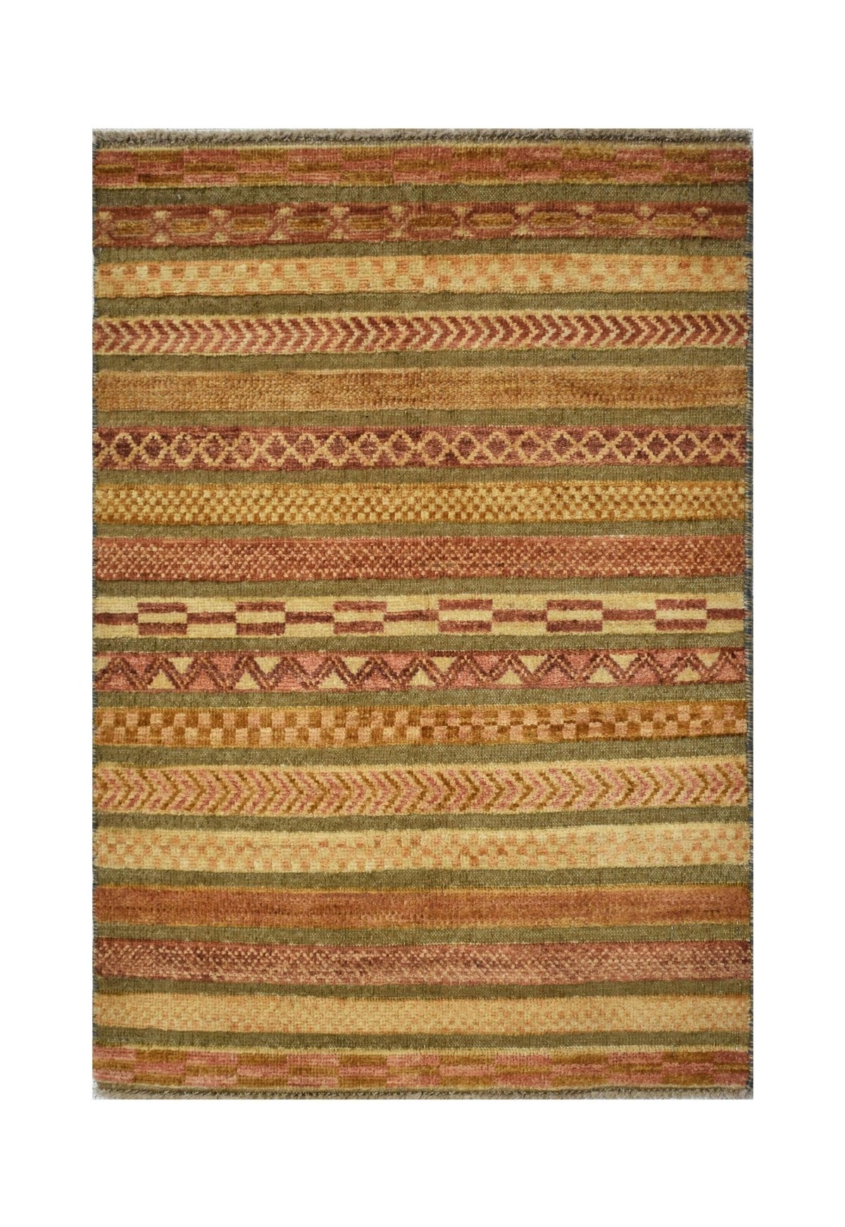 Mini Afghan Yekta rug featuring earthy tones with a flatwoven base and raised, knotted geometric diamond and stripe motifs.