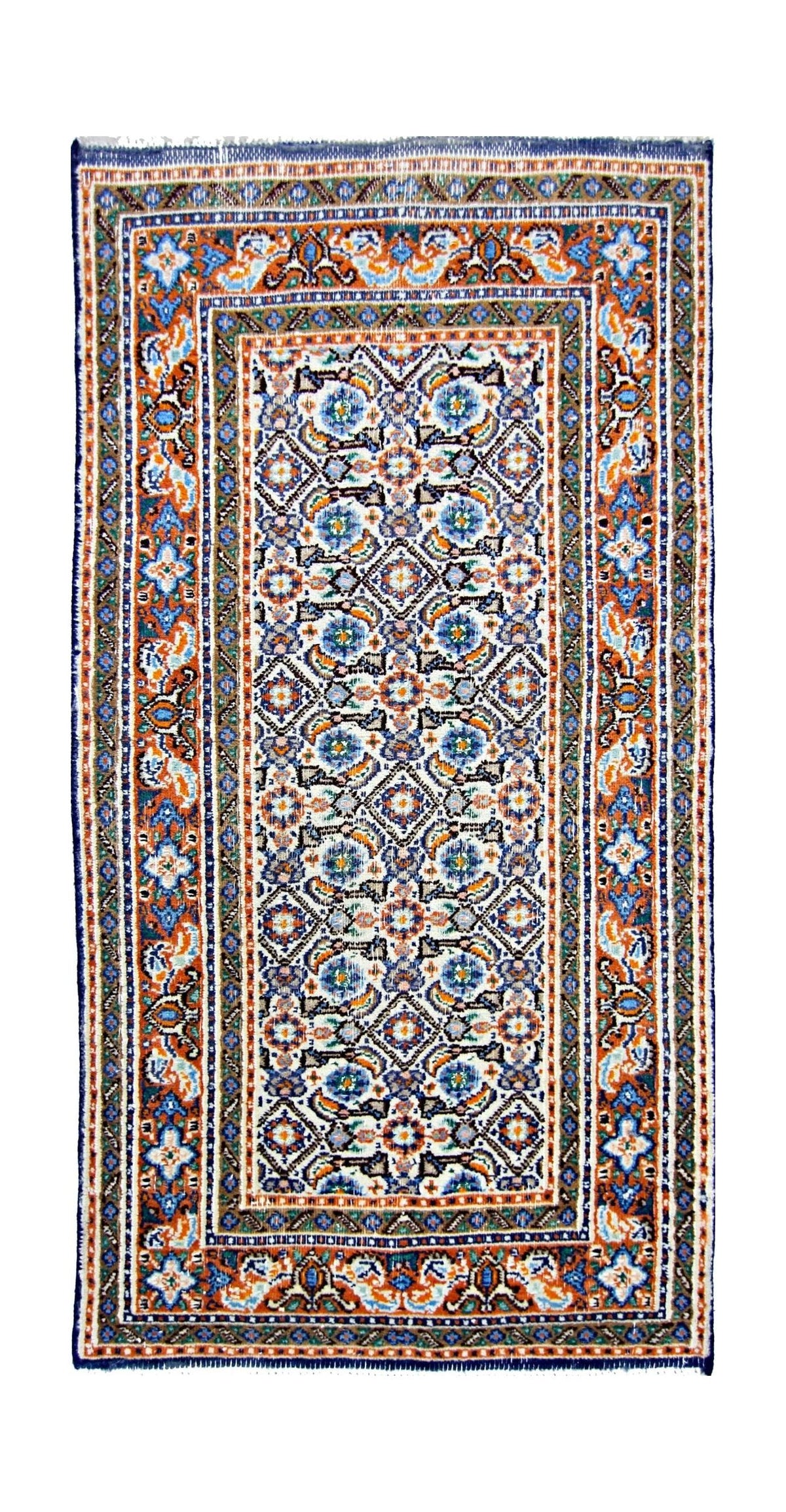 Hand-knotted vintage Persian rug with a geometric floral pattern in vibrant blue, orange, and cream wool on a cotton base.