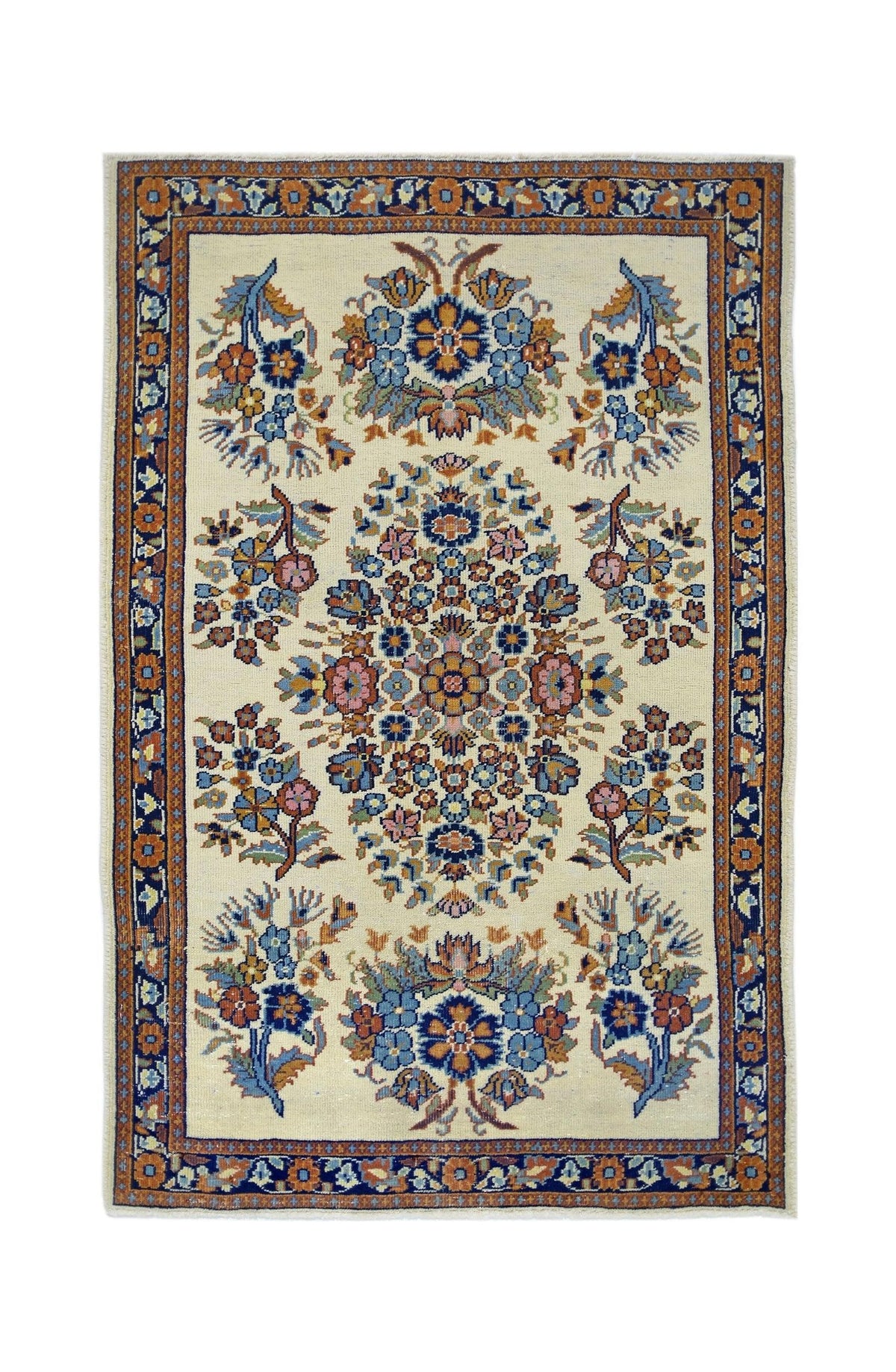 Mini vintage Persian Sarouk rug with a cream field, intricate blue and orange floral sprays, and a decorative border.
