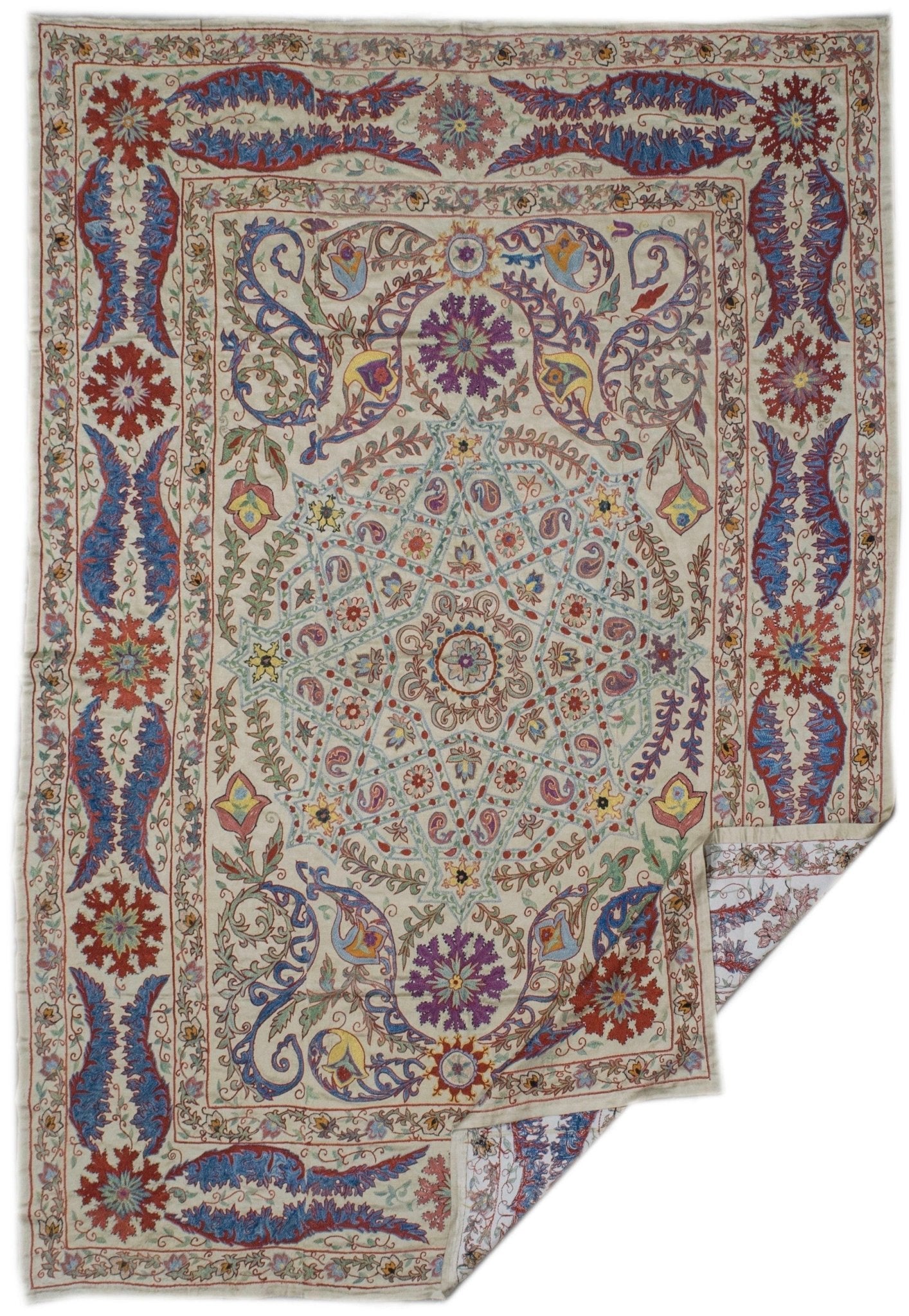 Handmade silk Uzbek suzani featuring intricate floral and geometric embroidery on a cream base.
