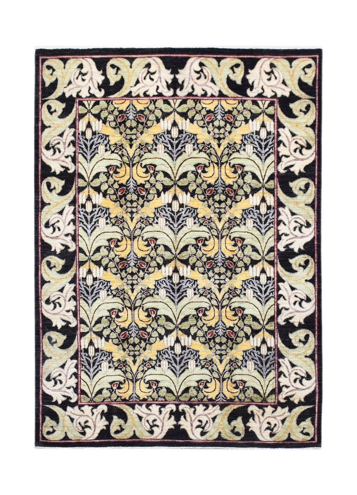 A handwoven Afghan wool rug featuring a botanical floral pattern in yellow, green, and black.