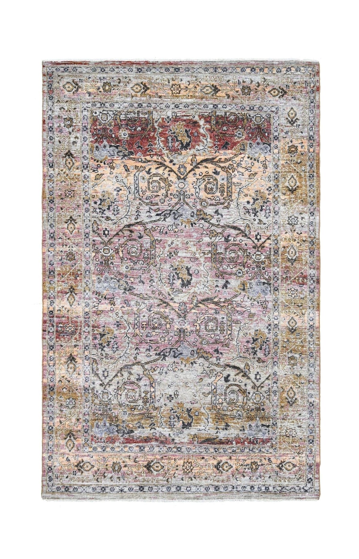 Hand-knotted Afghan rug with a distressed transitional pattern in muted red, gold, and grey tones on a wool pile.