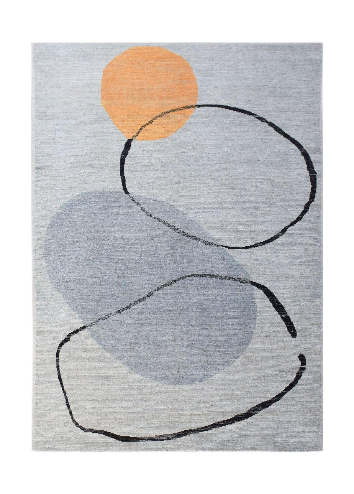 Hand-knotted Afghan wool rug featuring a grey background with abstract orange and blue circular shapes and black outlines.