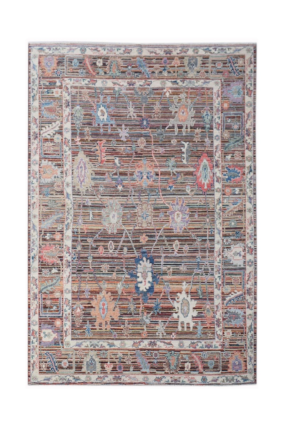Hand-knotted Afghan Oushak rug with a muted, multi-coloured floral pattern on a striped, dark wool field.
