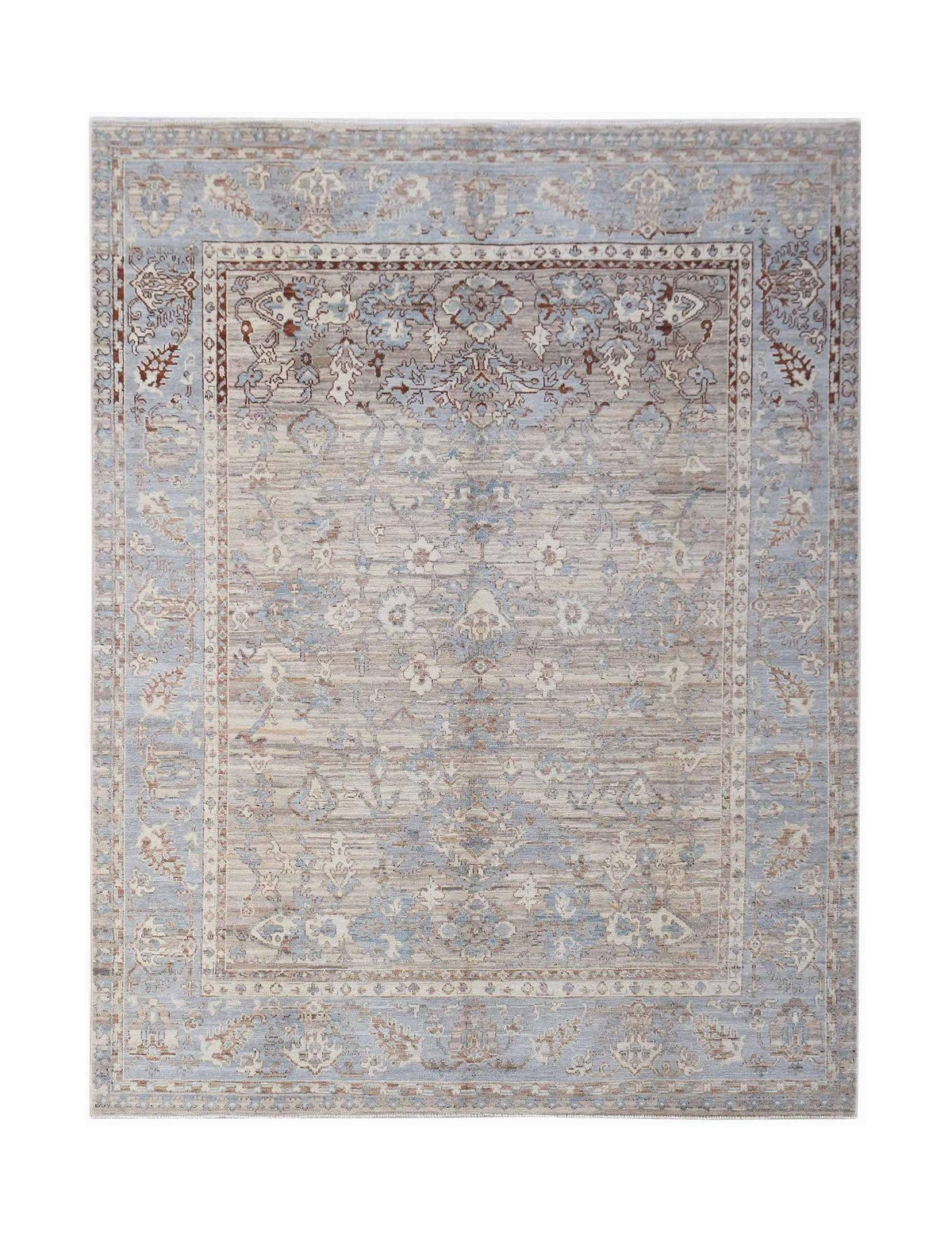 Hand-knotted Afghan Oushak rug in soft blue and taupe with a traditional floral medallion design and wool pile.