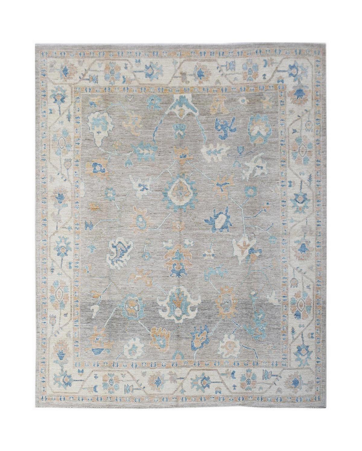 Hand-knotted Afghan Oushak rug in soft grey with blue and gold floral motifs and a traditional border.