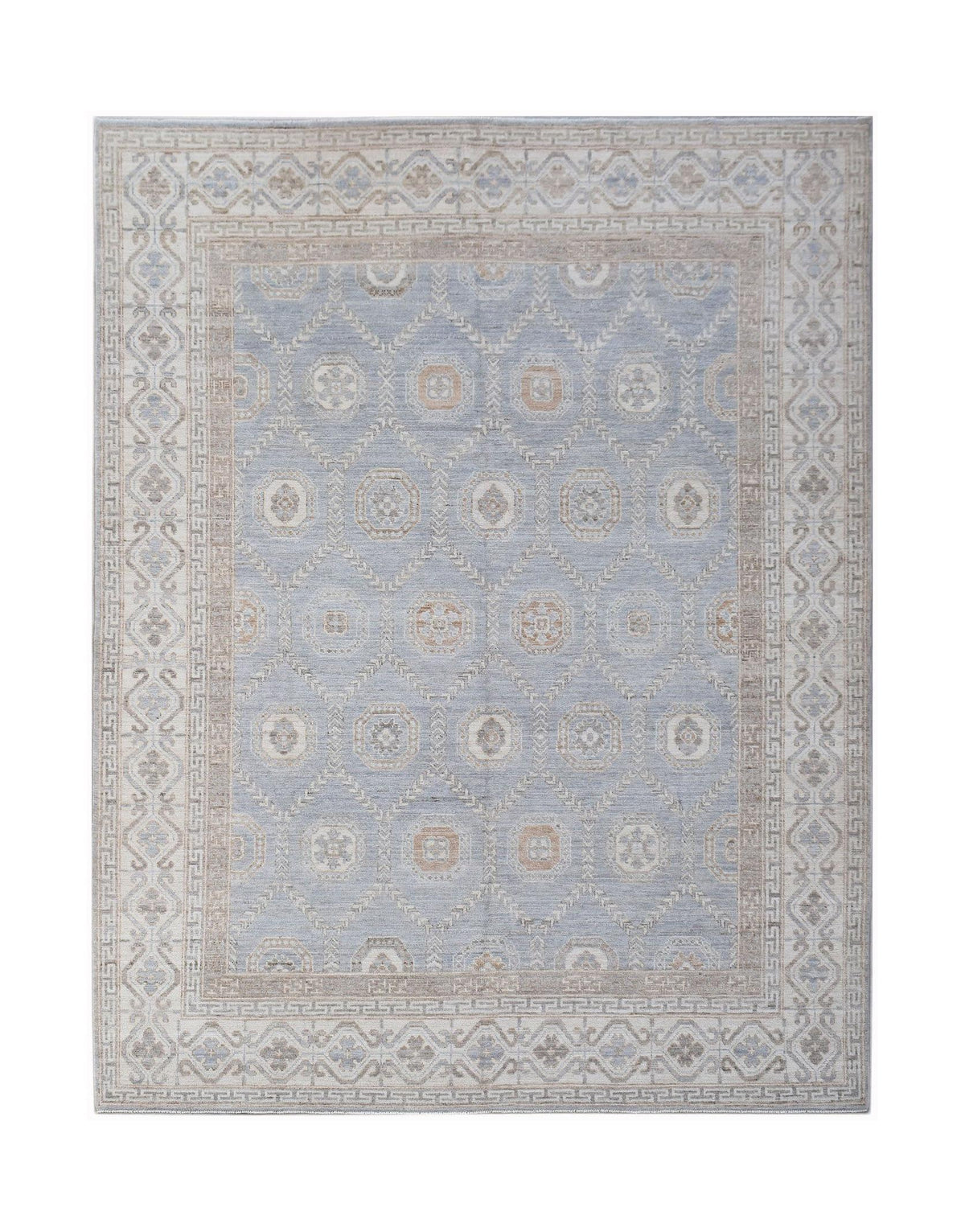 Hand-knotted Afghan wool rug in soft blue and beige with a traditional Khotan medallion pattern and geometric border.