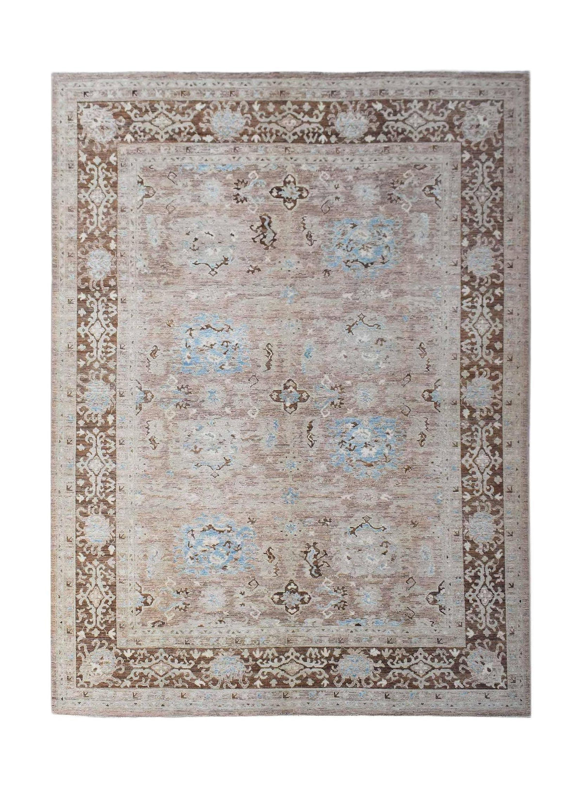 Hand-knotted Afghan Oushak rug in muted brown and soft blue with a traditional floral border and low-pile wool texture.