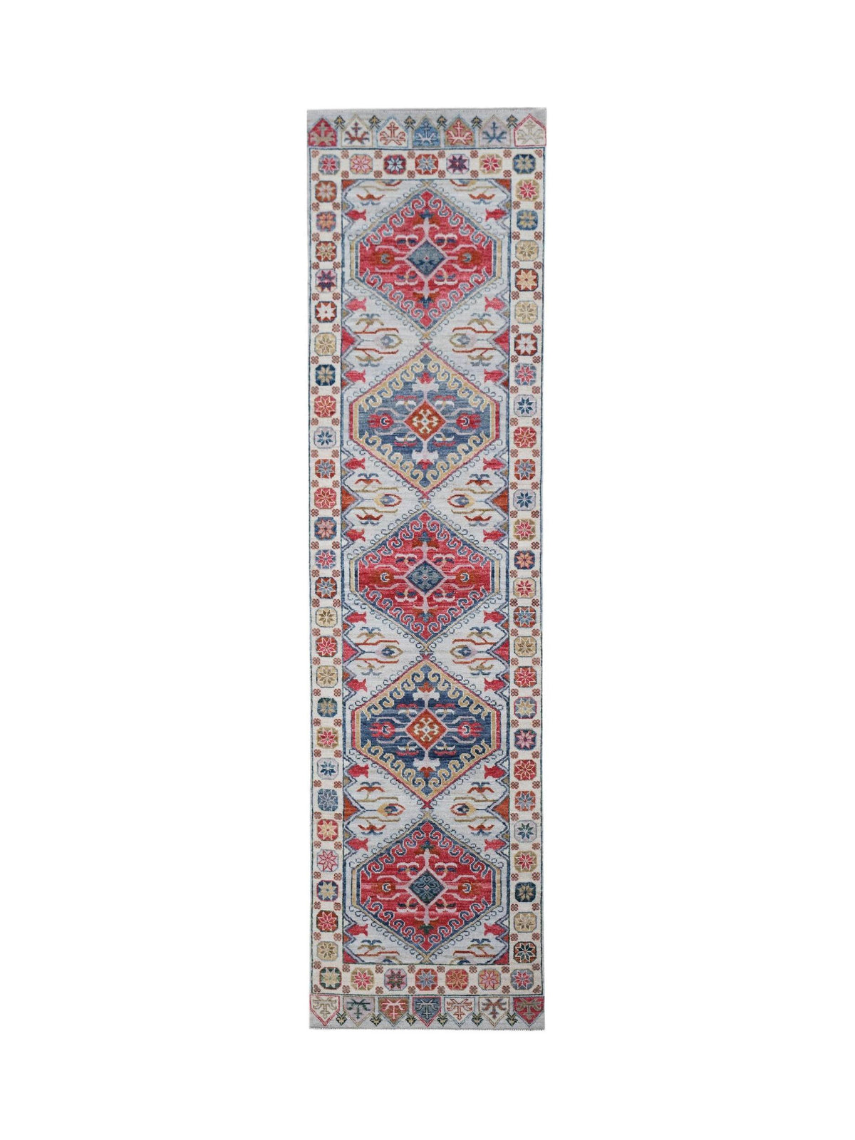 Hand-knotted transitional Oushak runner with red and blue medallions, vines, and palmettes on a pale grey field.