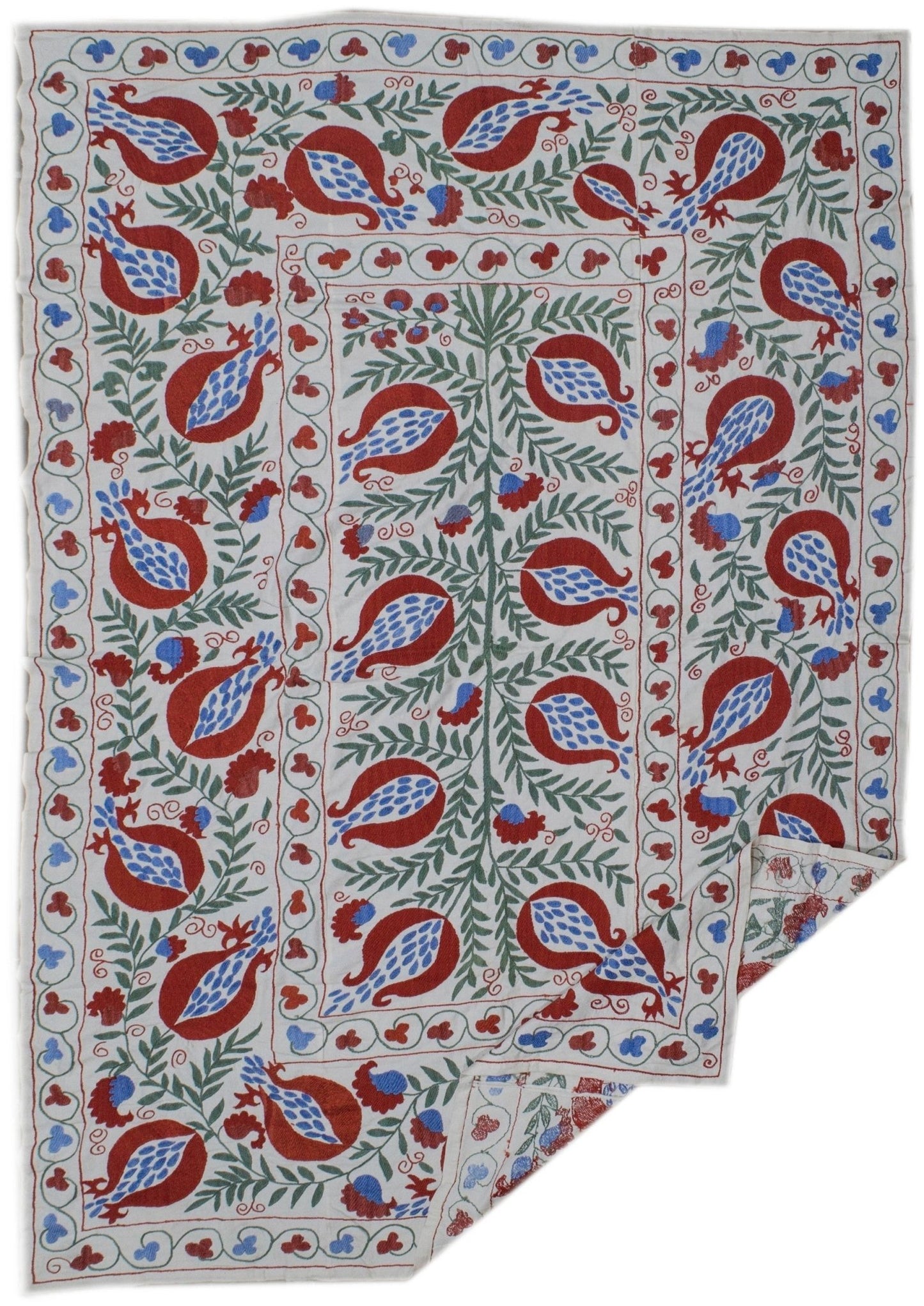 Handmade Uzbek suzani textile featuring a repeating pomegranate motif in red, blue, and green.